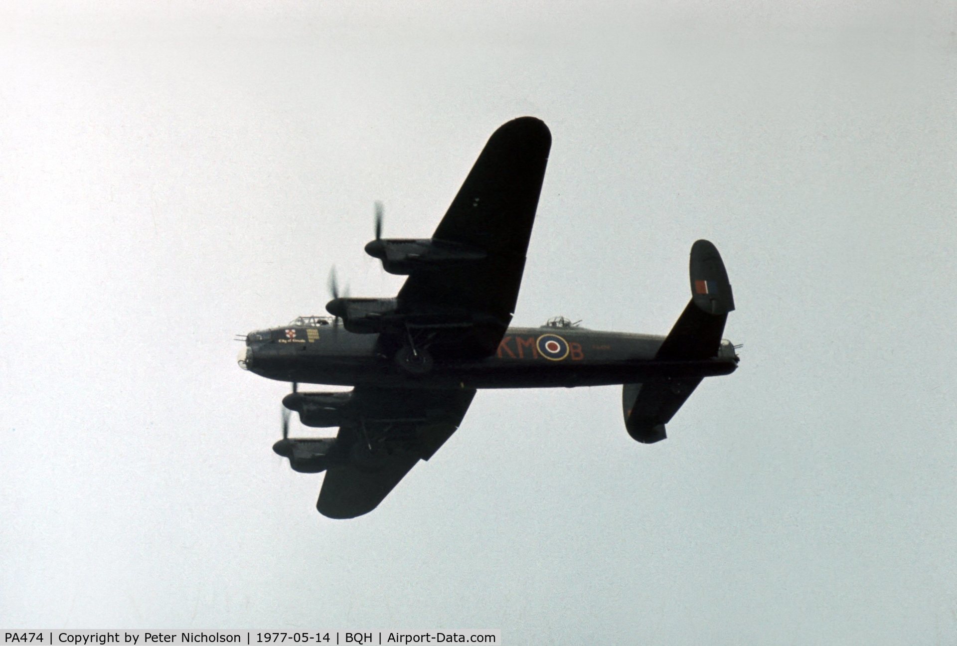 PA474, 1945 Avro 683 Lancaster B1 C/N VACH0052/D2973, The Battle of Britain Memorial Flight Lancaster was active at the 1977 Biggin Hill Air Fair.