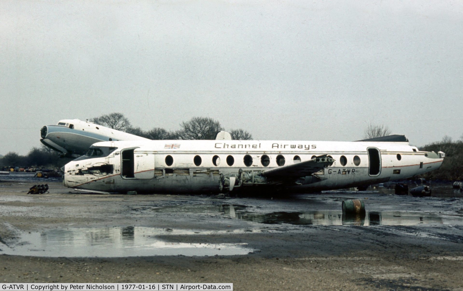 G-ATVR, 1958 Vickers Viscount 812 C/N 365, Viscount of Channel Airways in the Civil Aviation Authority Fire Service School compound at Stansted in January 1977.