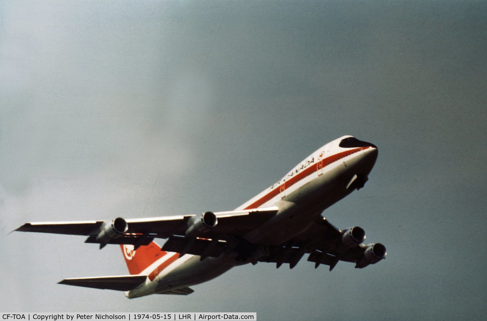 CF-TOA, 1971 Boeing 747-133 C/N 20013, Air Canada 747 as CF-TOA climbing out of Heathrow in the Spring of 1974.