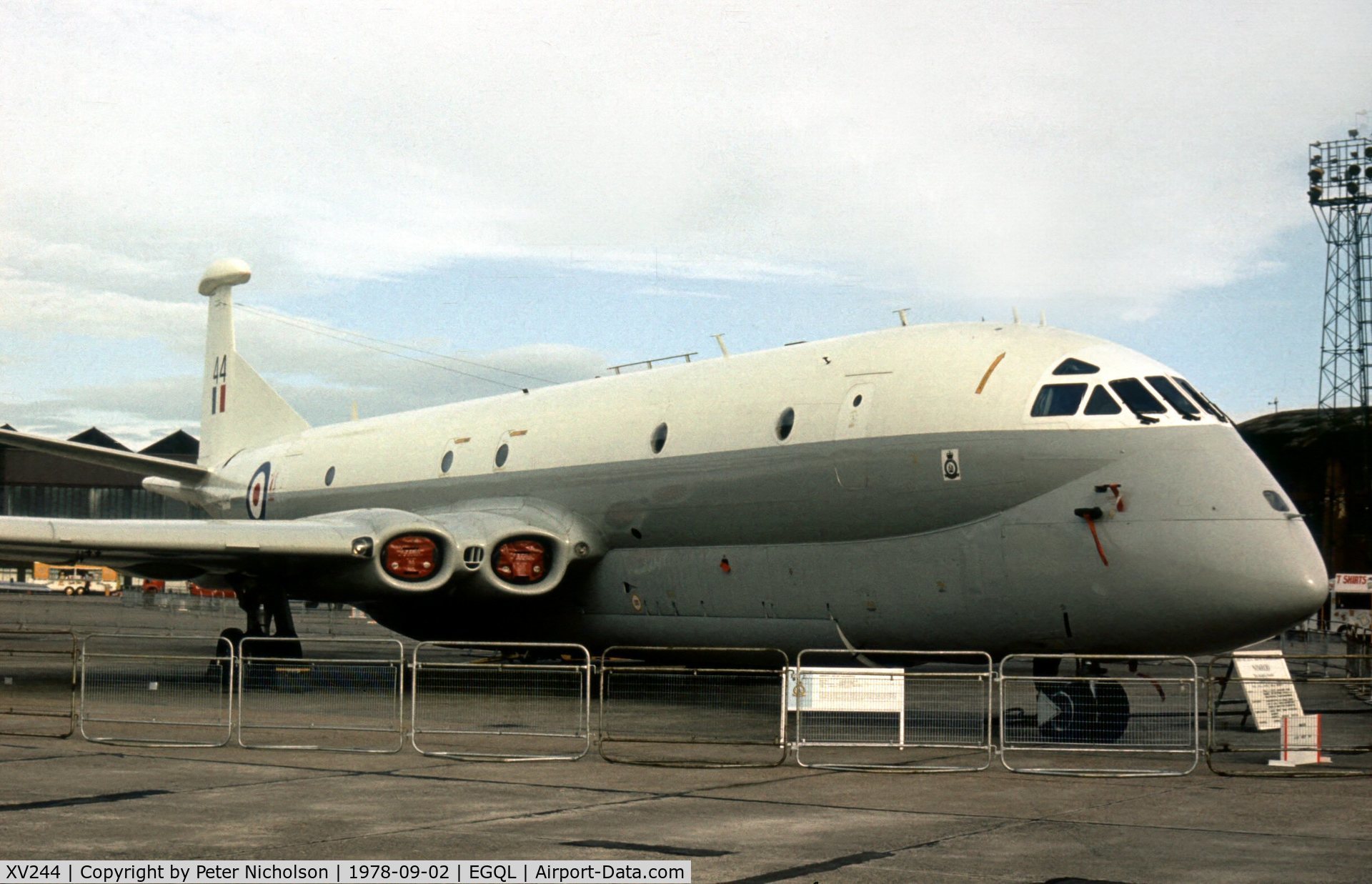 XV244, Hawker Siddeley Nimrod MR.1 C/N 8019, Nimrod MR.1 of the St. Mawgan Maritime Wing on display at the 1978 Leuchars Airshow.