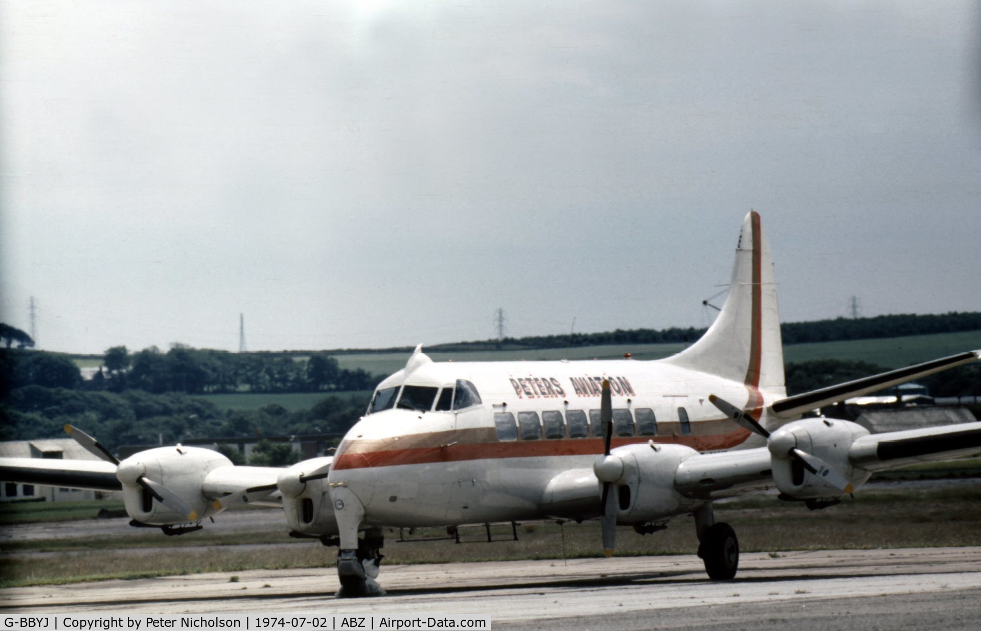G-BBYJ, 1959 De Havilland DH-114 Heron 2D C/N 14134, Heron 2D of Peters Aviation at Aberdeen in the Summer of 1974.