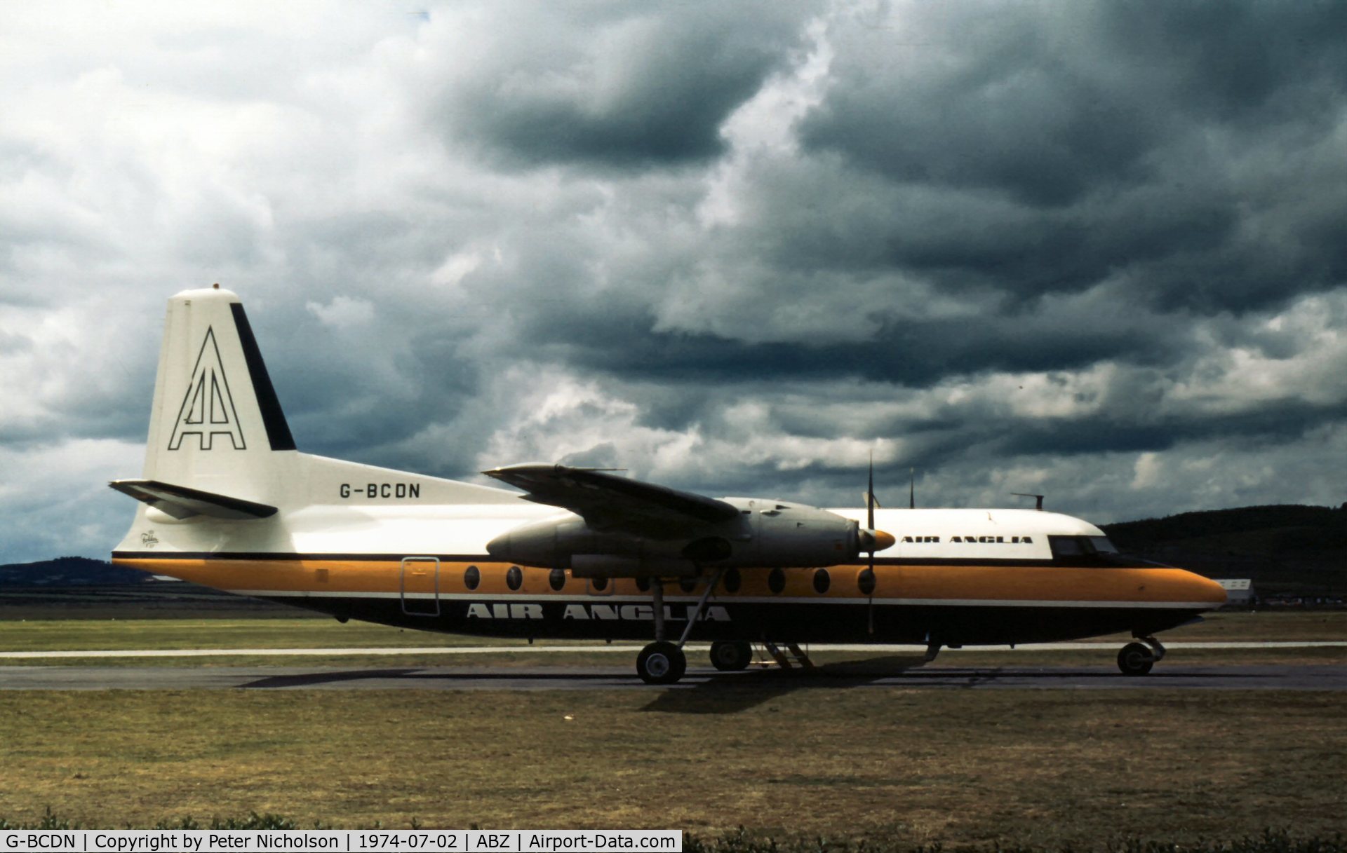 G-BCDN, 1963 Fokker F-27-200 Friendship C/N 10201, F-27 Friendship of Air Anglia at Aberdeen in the Summer of 1974.