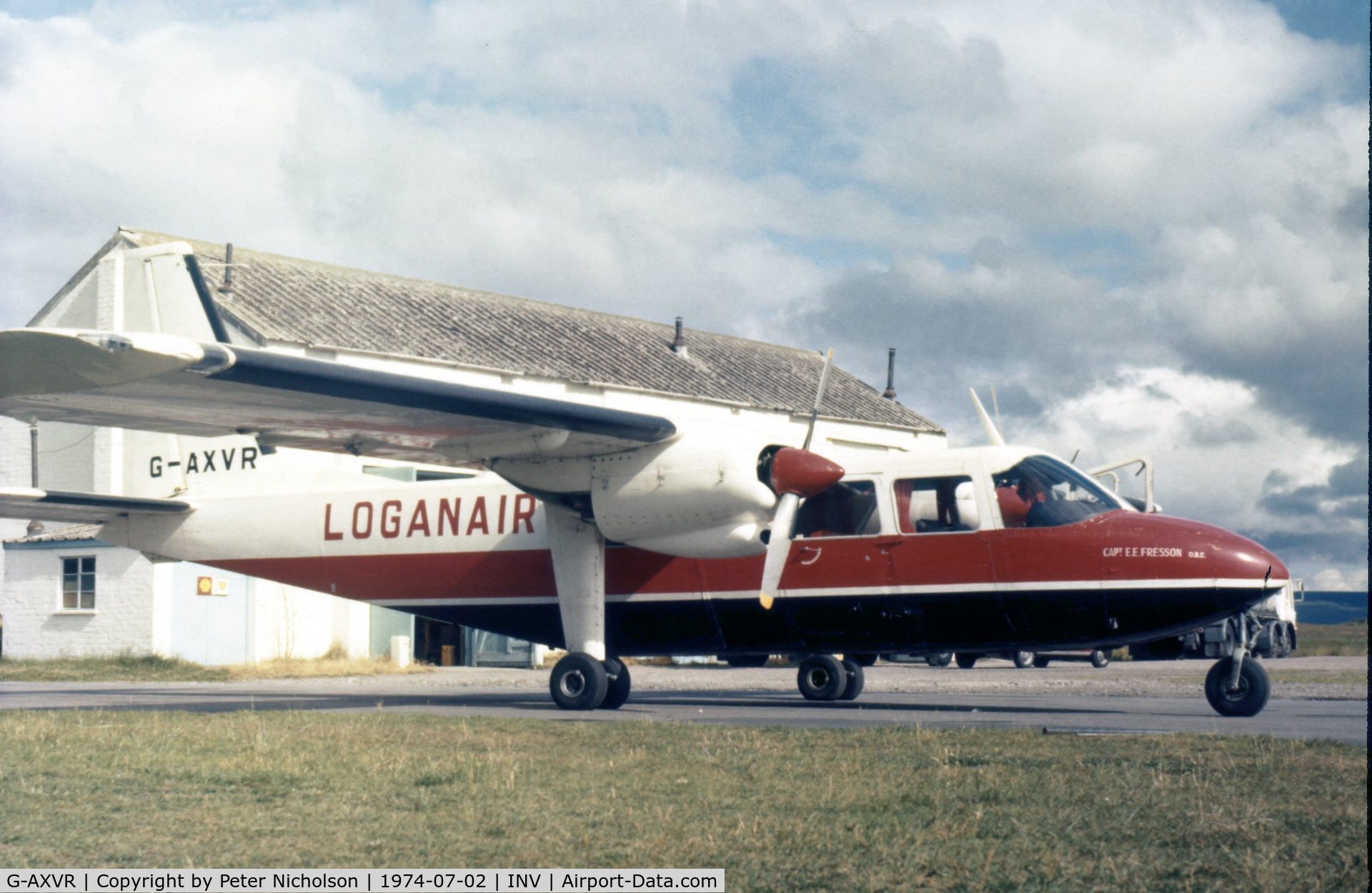 G-AXVR, 1970 Britten-Norman BN-2A-8 Islander C/N 139, Islander of Loganair at Inverness Airport in the Summer of 1974.