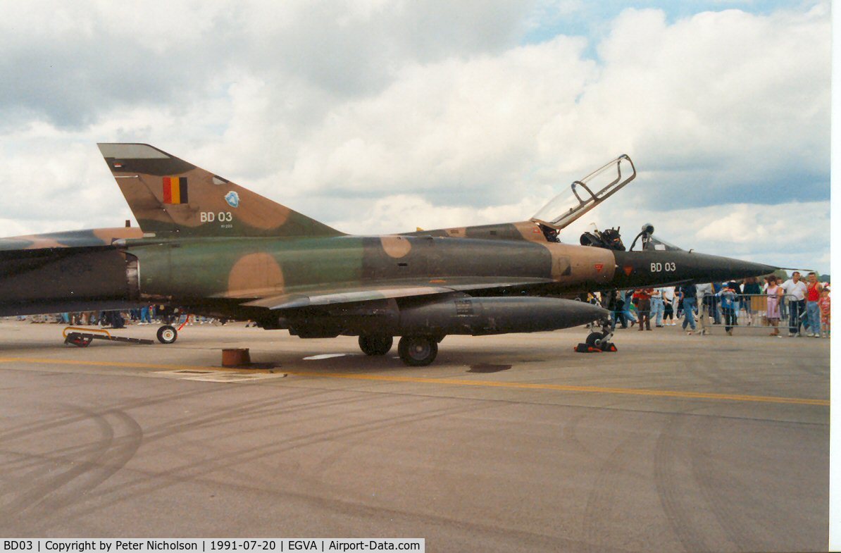 BD03, SABCA Mirage 5BD C/N 203, Mirage 5BD of 8 Wing of the Belgian Air Force at the 1991 Intnl Air Tattoo at RAF Fairford.