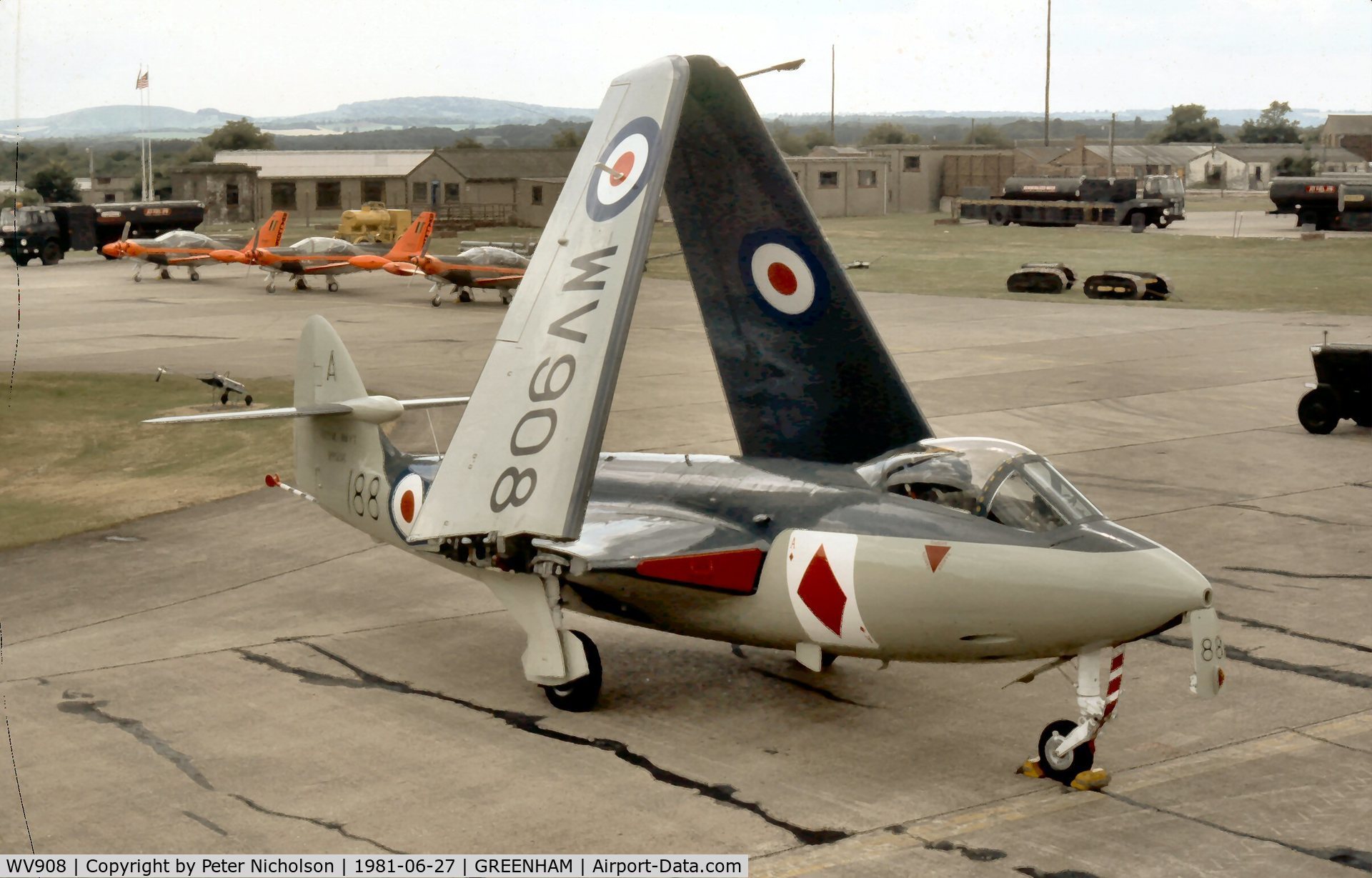WV908, 1954 Hawker Sea Hawk FGA.6 C/N 6123, Sea Hawk FGA.6 of the Royal Navy's Historic Flight at the 1981 Intnl Air Tattoo at RAF Greenham Common.