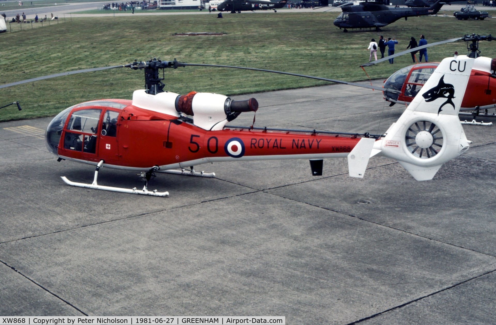XW868, 1973 Westland SA-341C Gazelle HT2 C/N WA1130, Another of The Sharks aerobatic display team flown by 705 Squadron at the 1981 Intnl Air Tattoo at RAF Greenham Common.