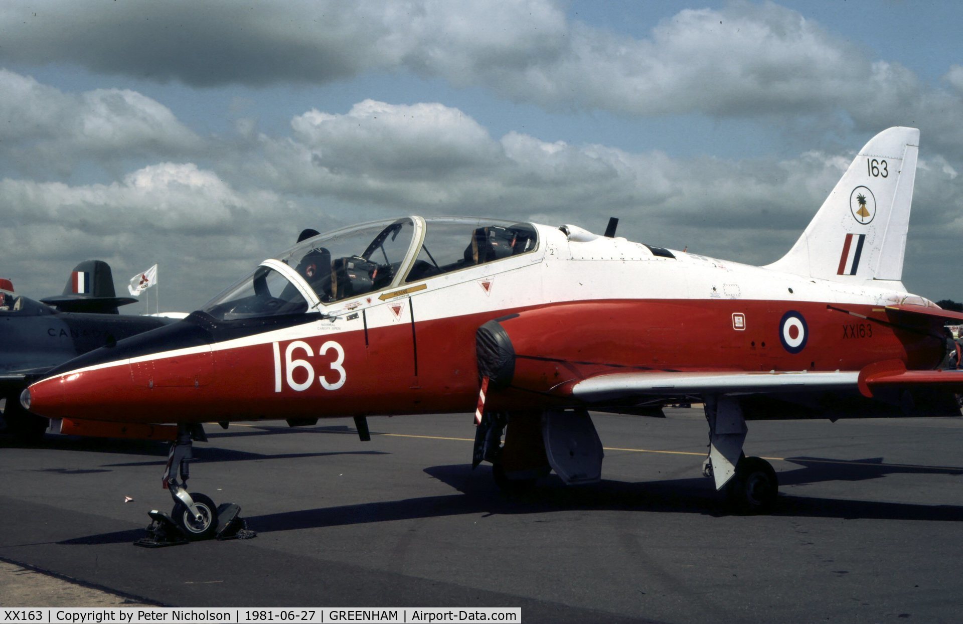 XX163, 1976 Hawker Siddeley Hawk T.1 C/N 010/312010, Another view of the 4 Flying Training School Hawk on display at the 1981 Intnl Air Tattoo at RAF Greenham Common.