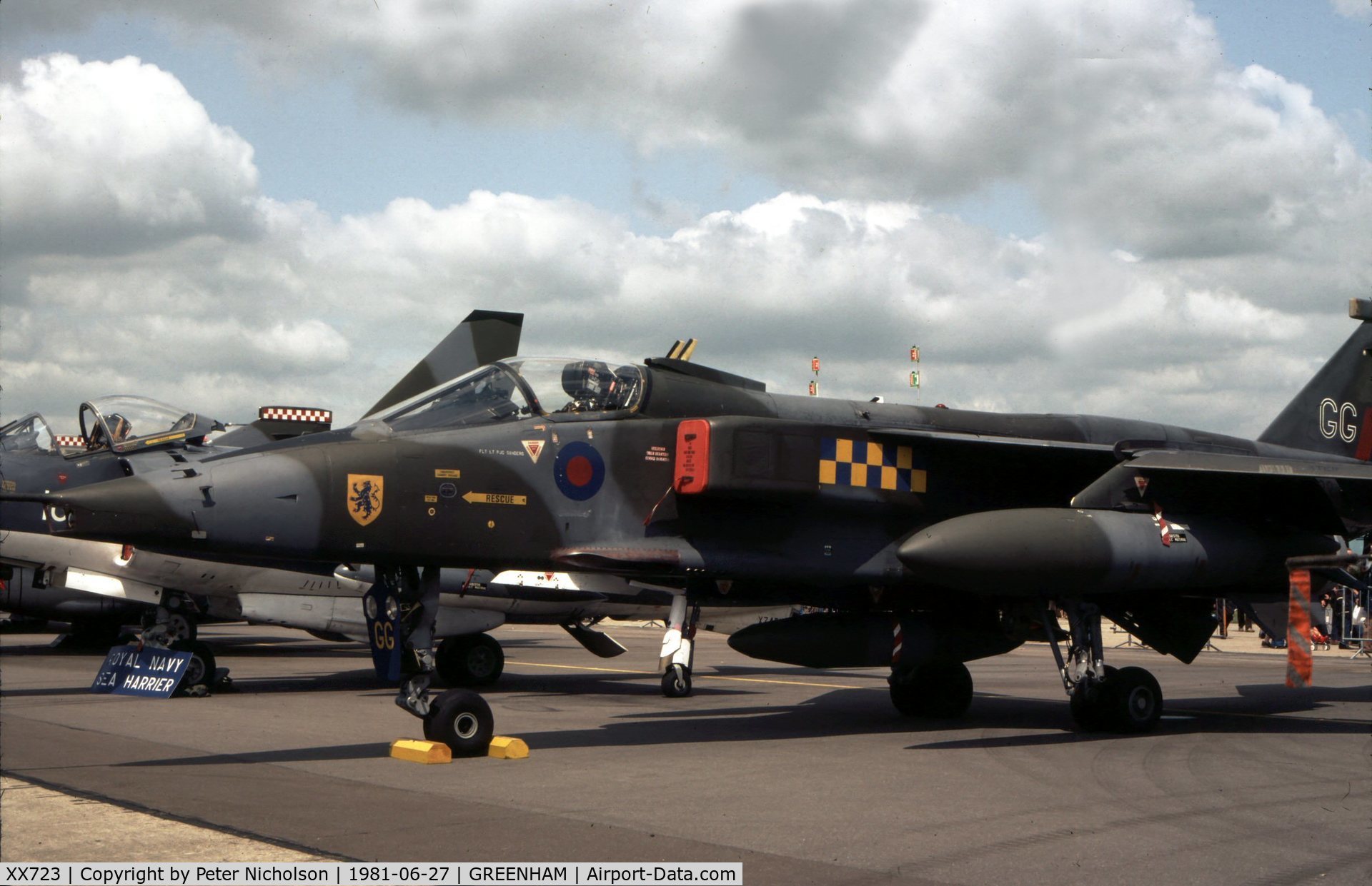 XX723, 1974 Sepecat Jaguar GR.1 C/N S.20, Jaguar GR.1 of 54 Squadron on display at the 1981 Intnl Air Tattoo at RAF Greenham Common.