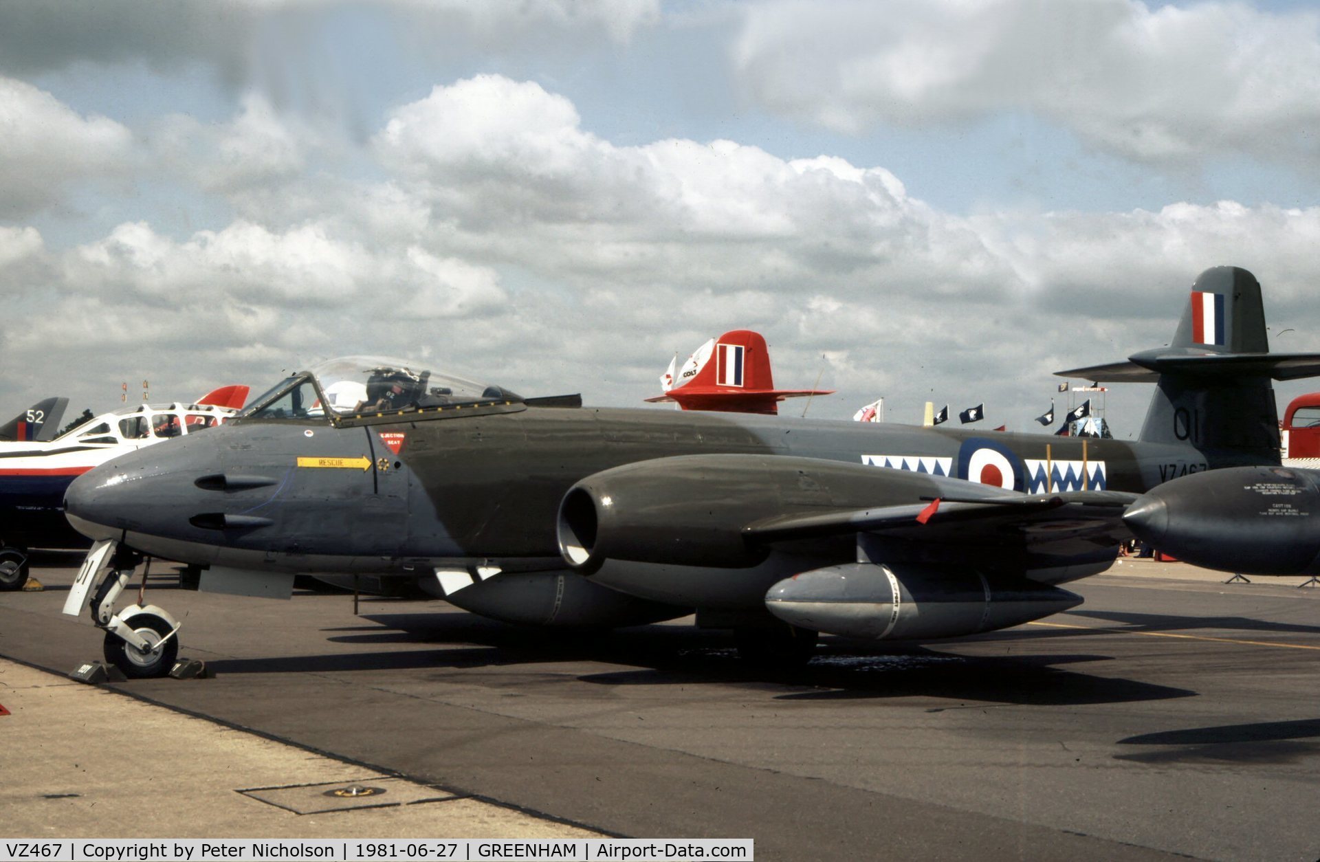 VZ467, 1950 Gloster Meteor F.8 C/N G5/361641, Meteor F.8(TT) of 1 Tactical Weapons Unit on display at the 1981 Intnl Air Tattoo at RAF Greenham Common.