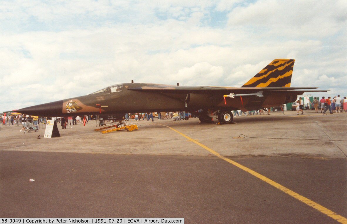 68-0049, 1968 General Dynamics F-111E Aardvark C/N A1-218, F-111E, callsign Roar 1, of 79th Tactical Fighter Squadron/20th Tactical Fighter Wing at the Tiger Meet of the 1991 Intnl Air Tattoo at RAF Fairford.