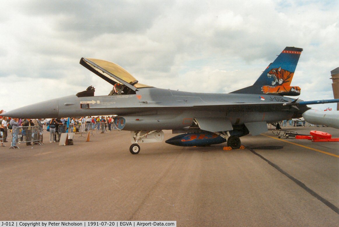 J-012, Fokker F-16A Fighting Falcon C/N 6D-168, F-16A Falcon of 313 Squadron Royal Netherlands Air Force at the Tiger Meet of the 1991 Intnl Air Tattoo at RAF Fairford.