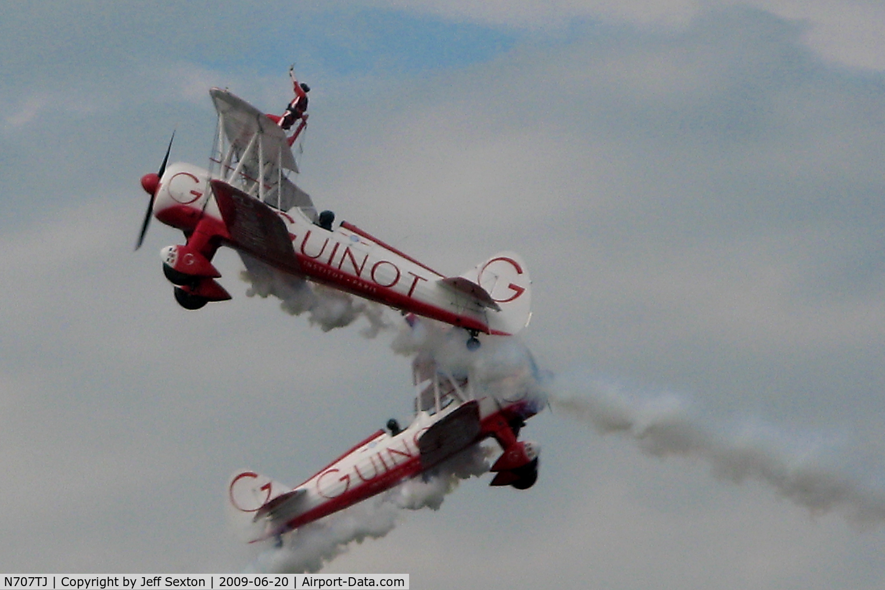 N707TJ, 1943 Boeing A75N1(PT17) C/N 75-950, In formation with N74189. Wing walking demonstration.