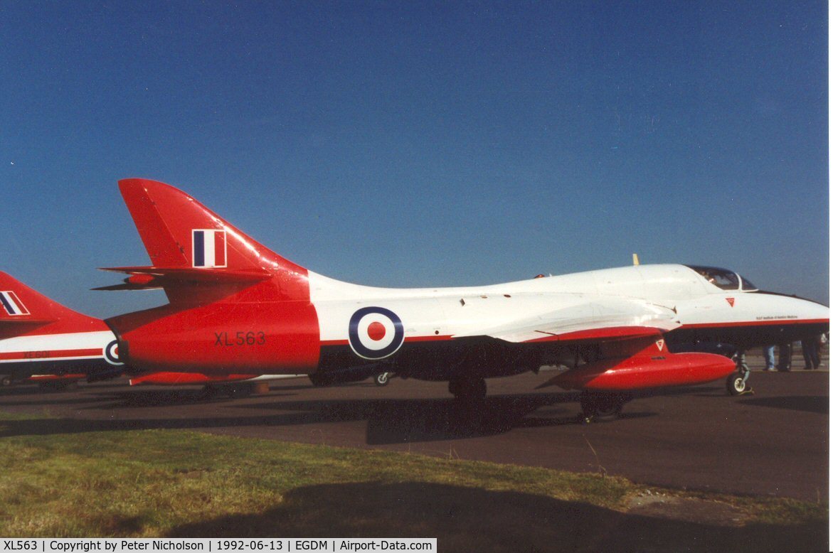 XL563, 1957 Hawker Hunter T.7 C/N 41H-693714, Hunter T.7 of the RAF Institute of Aviation Medicine at Farnborough on display at the 1992 Air Tattoo Intnl at Boscombe Down.