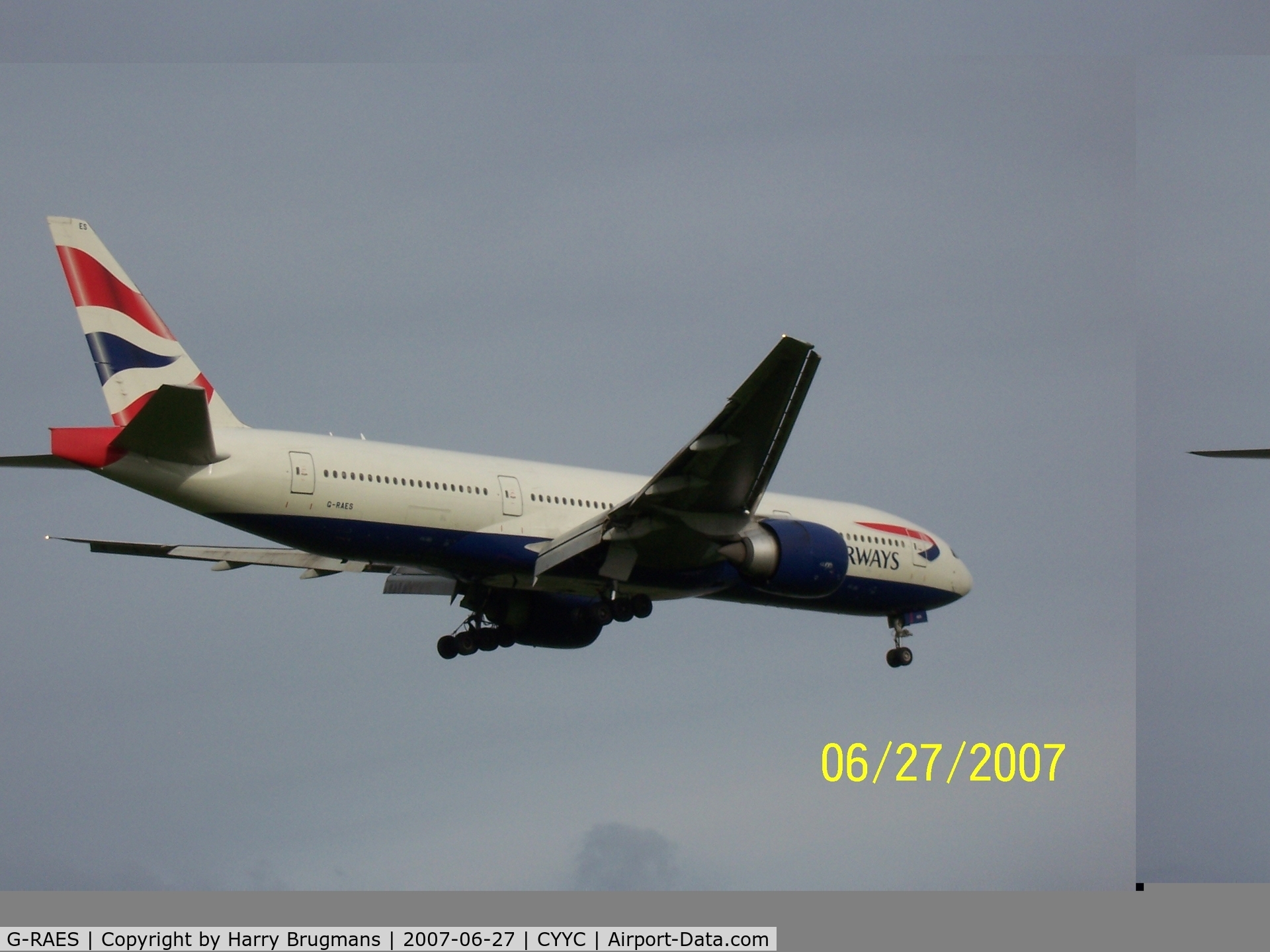G-RAES, 1997 Boeing 777-236 C/N 27491, Landing on Runway 16 - CYYC