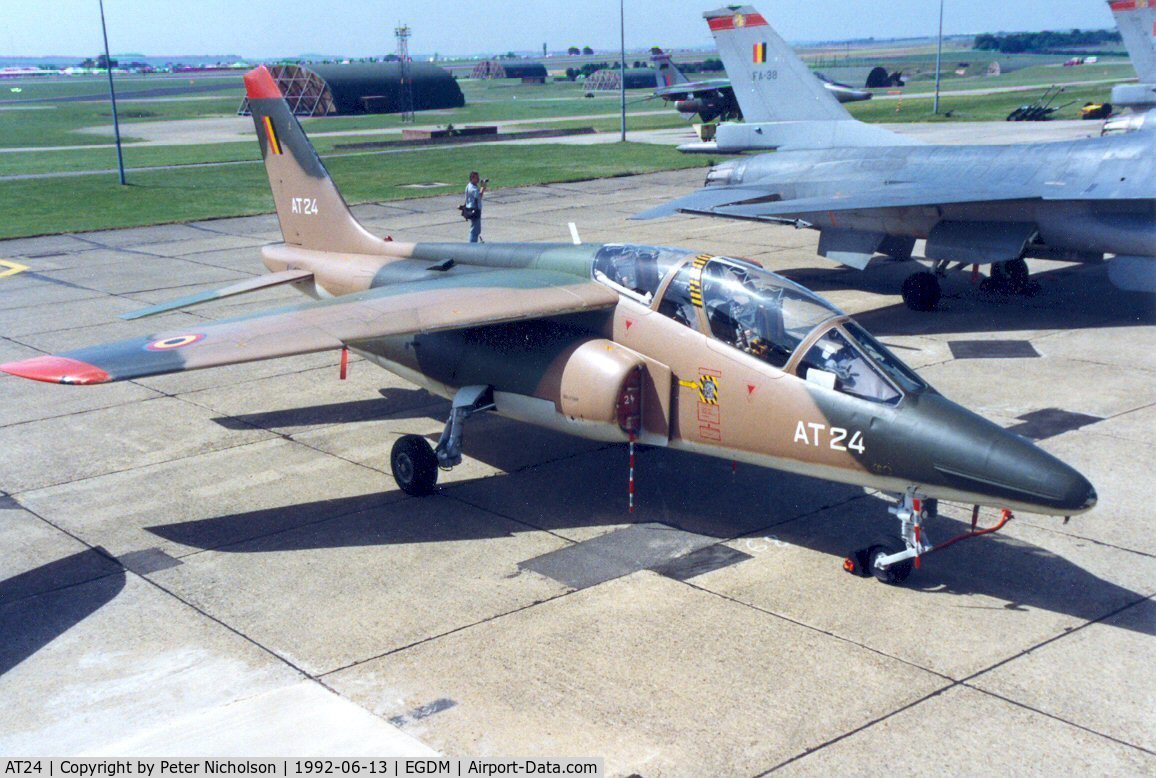 AT24, Dassault-Dornier Alpha Jet 1B C/N B24/1100, Alpha Jet of 9 Wing Belgian Air Force at the 1992 Air Tattoo Intnl at Boscombe Down.