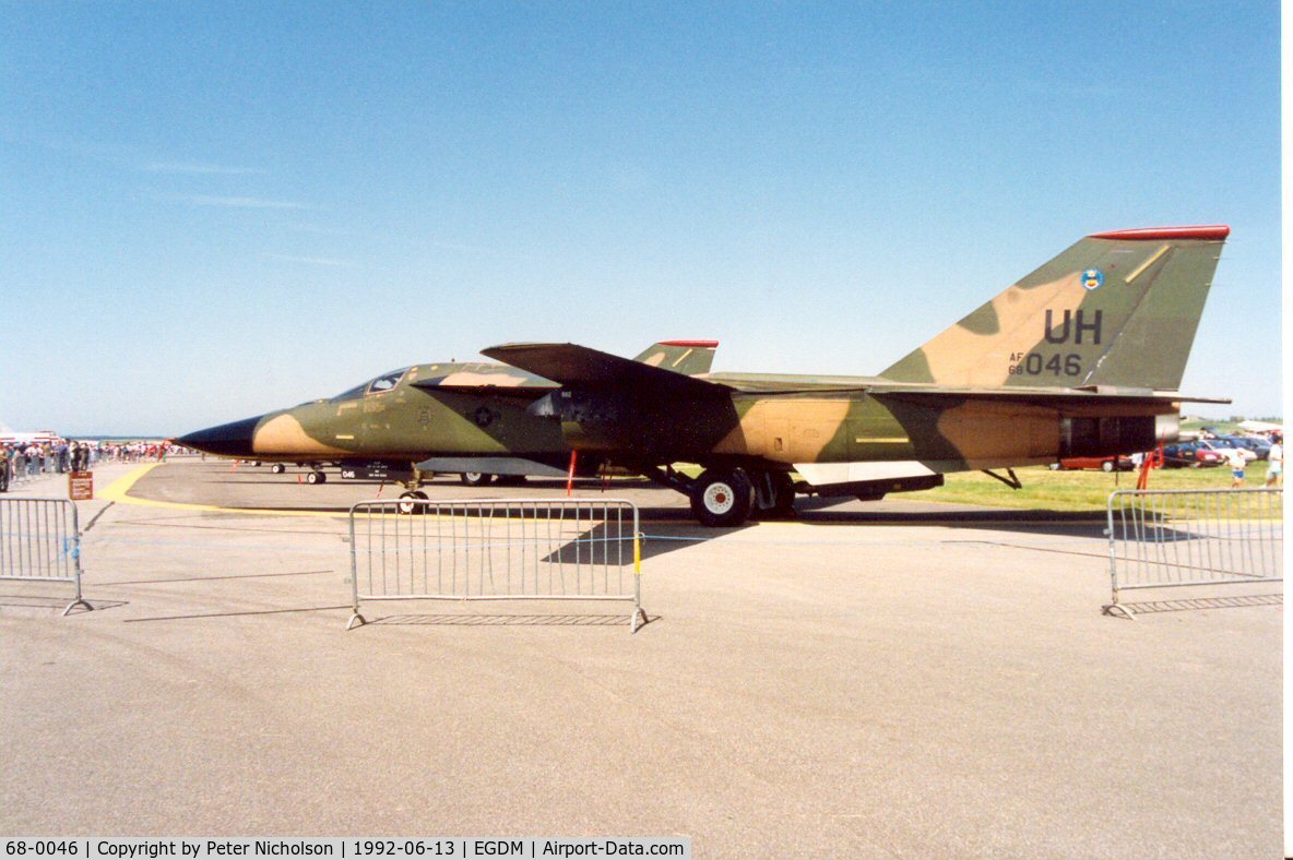 68-0046, 1968 General Dynamics F-111E Aardvark C/N A1-215, F-111E, callsign Glare 02, of 77th Fighter Squadron/20th Fighter Wing at the 1992 Air Tattoo Intnl at Boscombe Down.