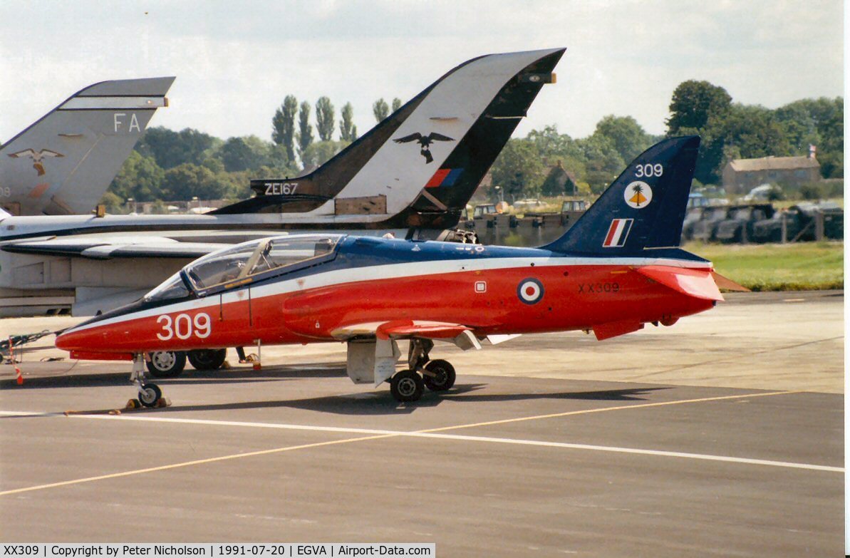 XX309, 1980 Hawker Siddeley Hawk T.1 C/N 144/312134, Hawk T.1 of 4 Flying Training School at the 1991 Intnl Air Tattoo at RAF Fairford.