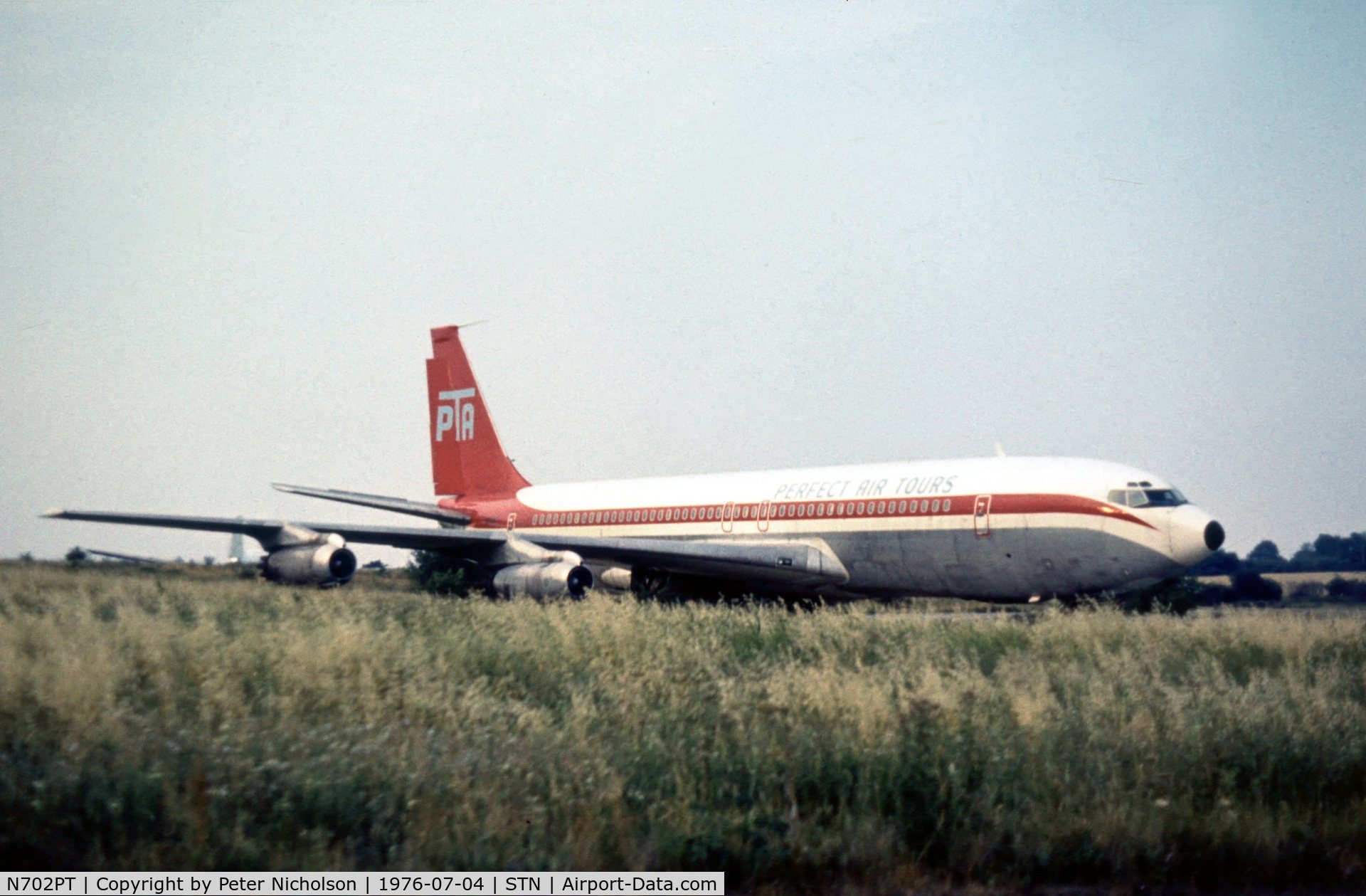 N702PT, 1959 Boeing 707-331C C/N 17677, Boeing 707-331C of Perfect Air Tours seen at Stansted in the Summer of 1976.