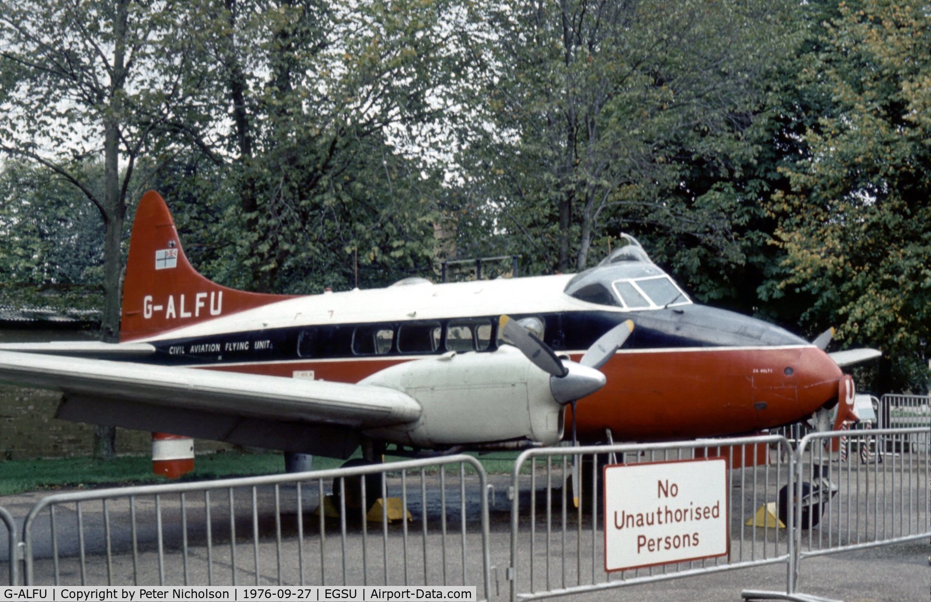 G-ALFU, 1949 De Havilland DH-104 Dove 6 C/N 04234, Appropriately registered, this Dove operated by the Civil Aviation Authority Flying Unit was displayed at the Imperial War Museum at Duxford in the Summer of 1976.