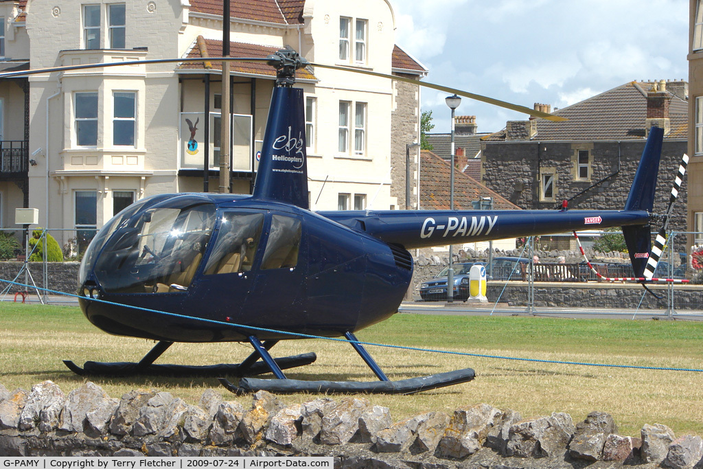 G-PAMY, 2007 Robinson R44 Clipper II C/N 11641, R44II  visitor on Day 1 of Helidays 2009 at Weston-Super-Mare seafront