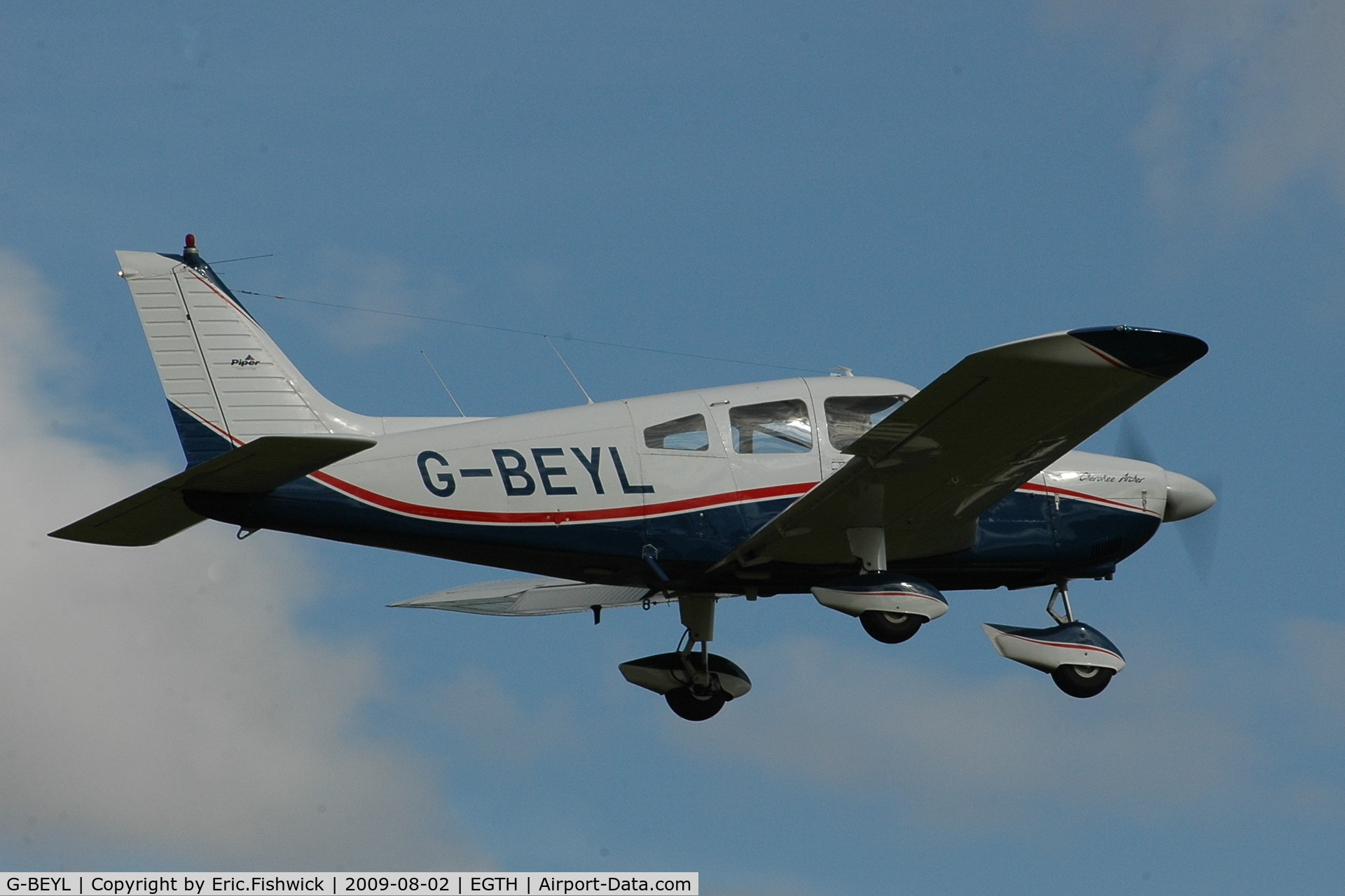G-BEYL, 1974 Piper PA-28-180 Cherokee Archer C/N 28-7405098, G-BEYL departing Shuttleworth Military Pagent Air Display Aug 09