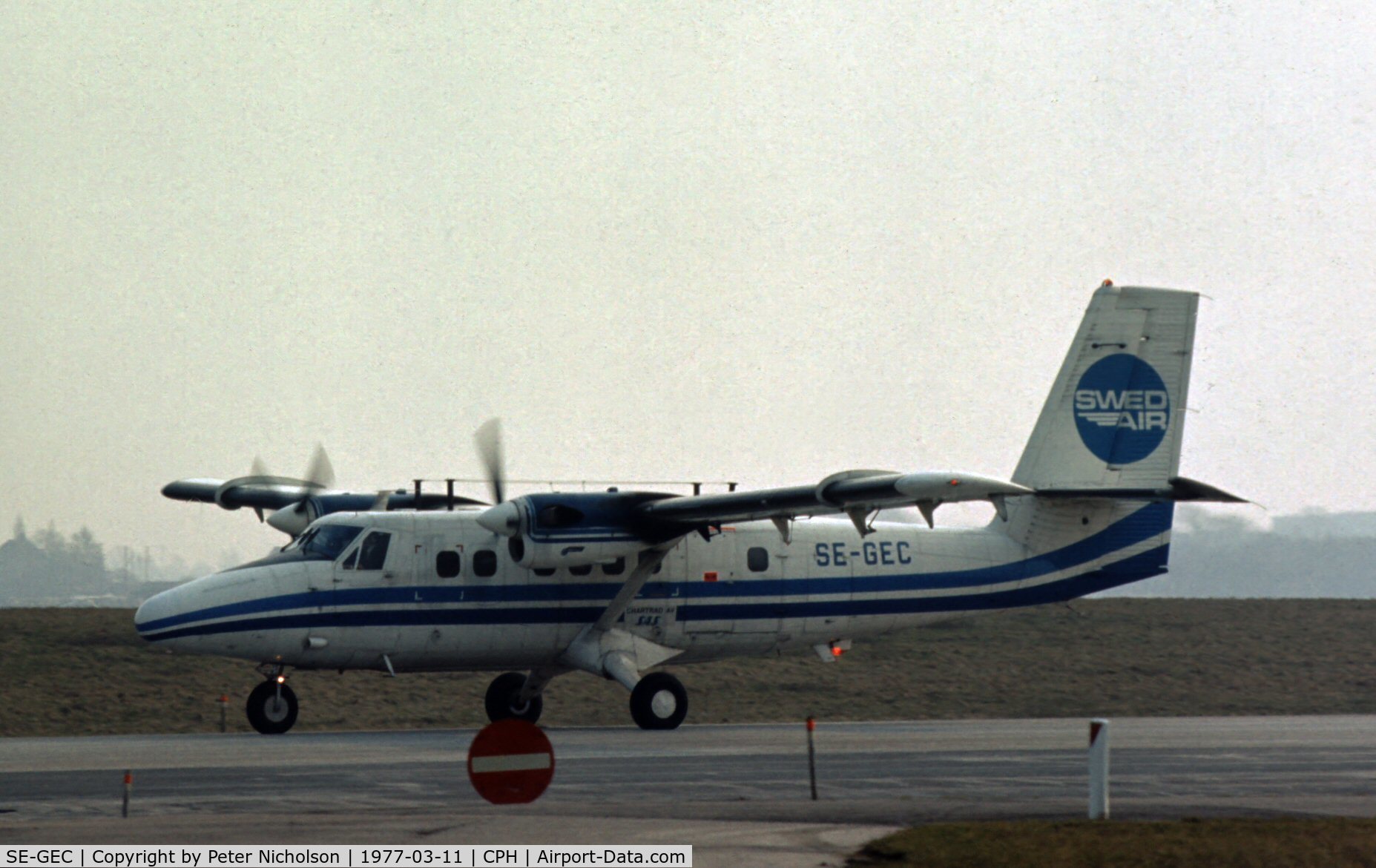 SE-GEC, 1973 De Havilland Canada DHC-6-300 Twin Otter C/N 375, This Twin Otter was chartered by SAS from Swedair when seen at Kastrup in the Spring of 1977.