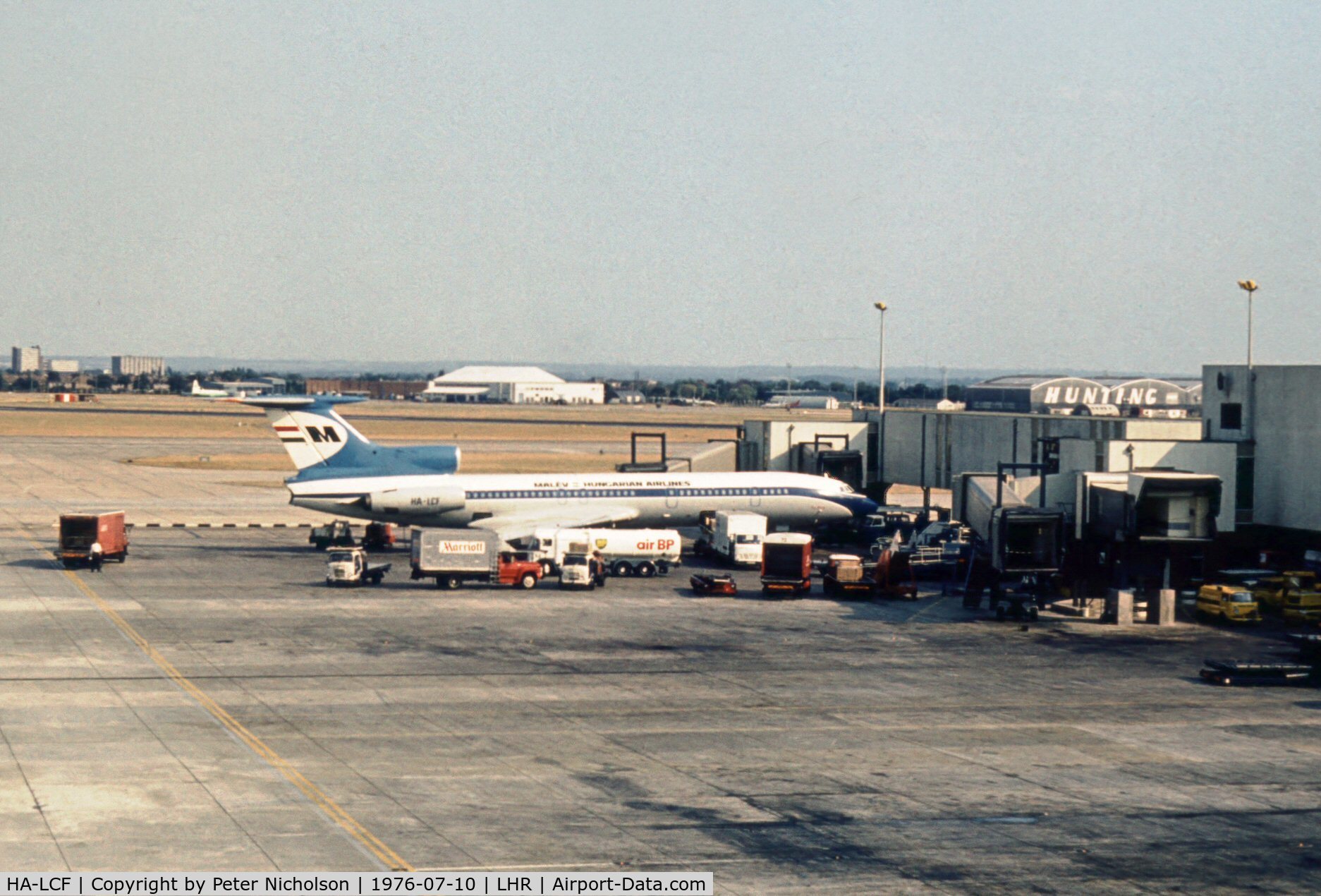 HA-LCF, 1975 Tupolev Tu-154B C/N 75A126, Tu-154B Careless of Malev Hungarian Airlines at the terminal of London Heathrow in the Summer of 1976.