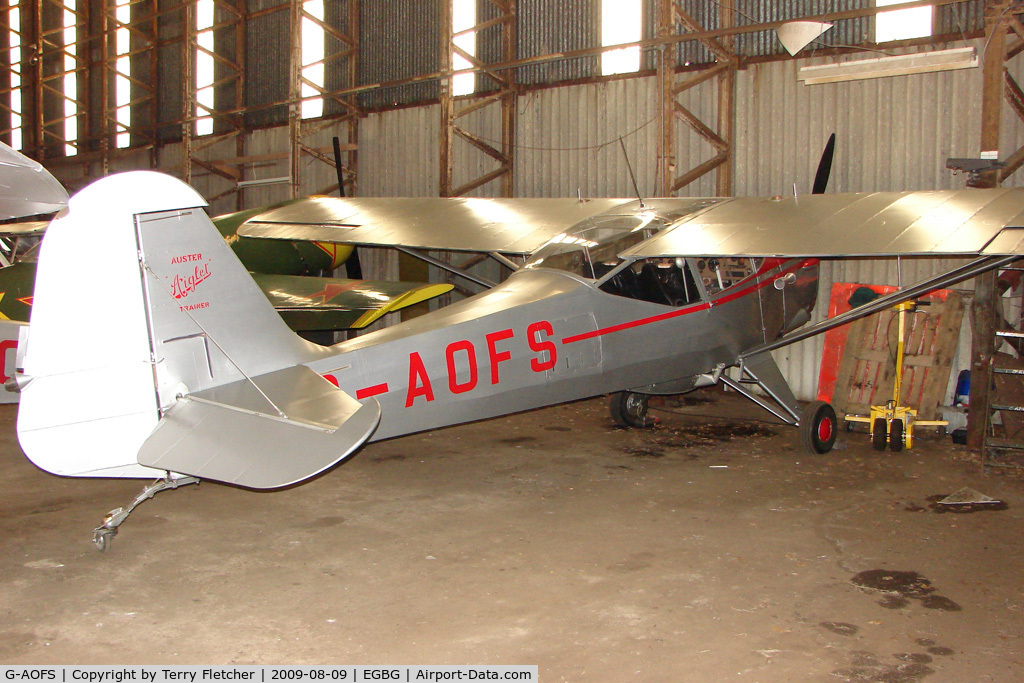 G-AOFS, 1955 Auster J-5L Aiglet Trainer C/N 3143, Auster hangared at Leicester