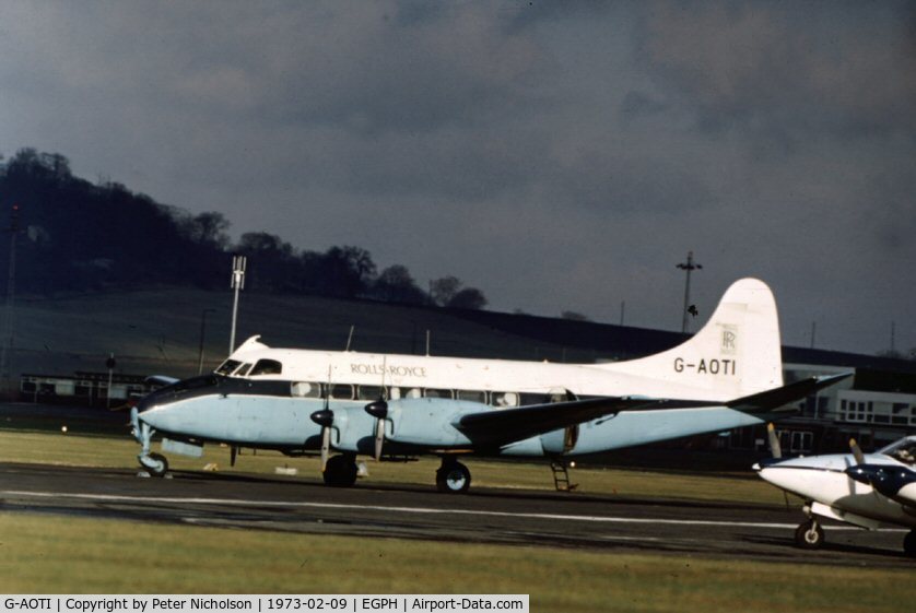 G-AOTI, 1956 De Havilland DH-114 Heron 2D C/N 14107, DH.114 Heron of Rolls-Royce Ltd at Edinburgh in February 1973.