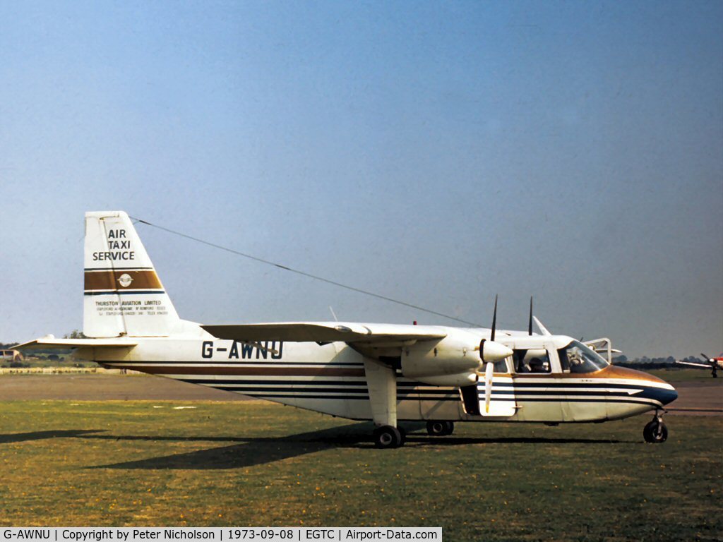G-AWNU, 1968 Britten-Norman BN-2A Islander C/N 33, This Islander was present at the 1973 Cranfield Business & Light Aviation Show.