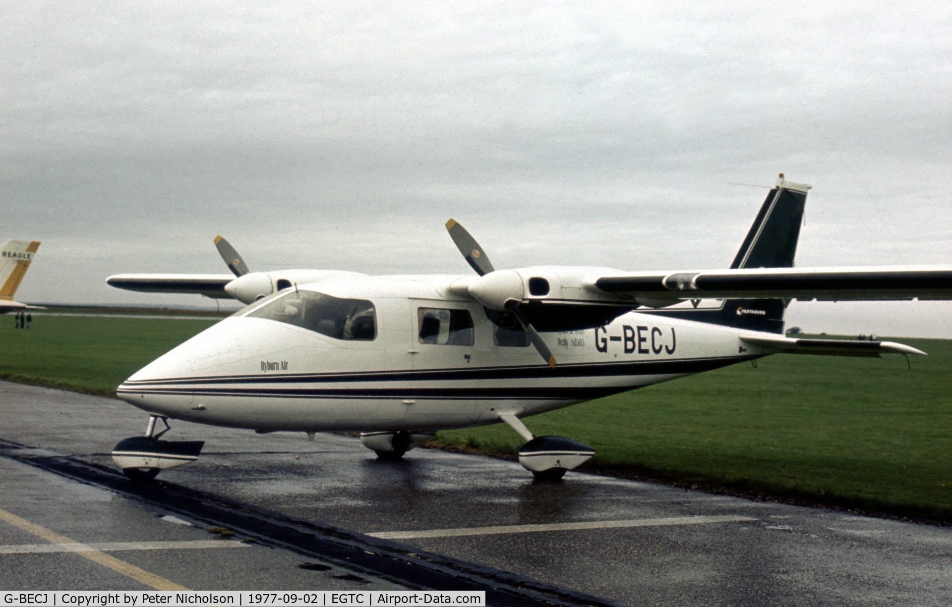 G-BECJ, 1976 Partenavia P-68B C/N 68, Partenavia P.68B Victor on display at the 1977 Cranfield Business & Light Aviation Show.