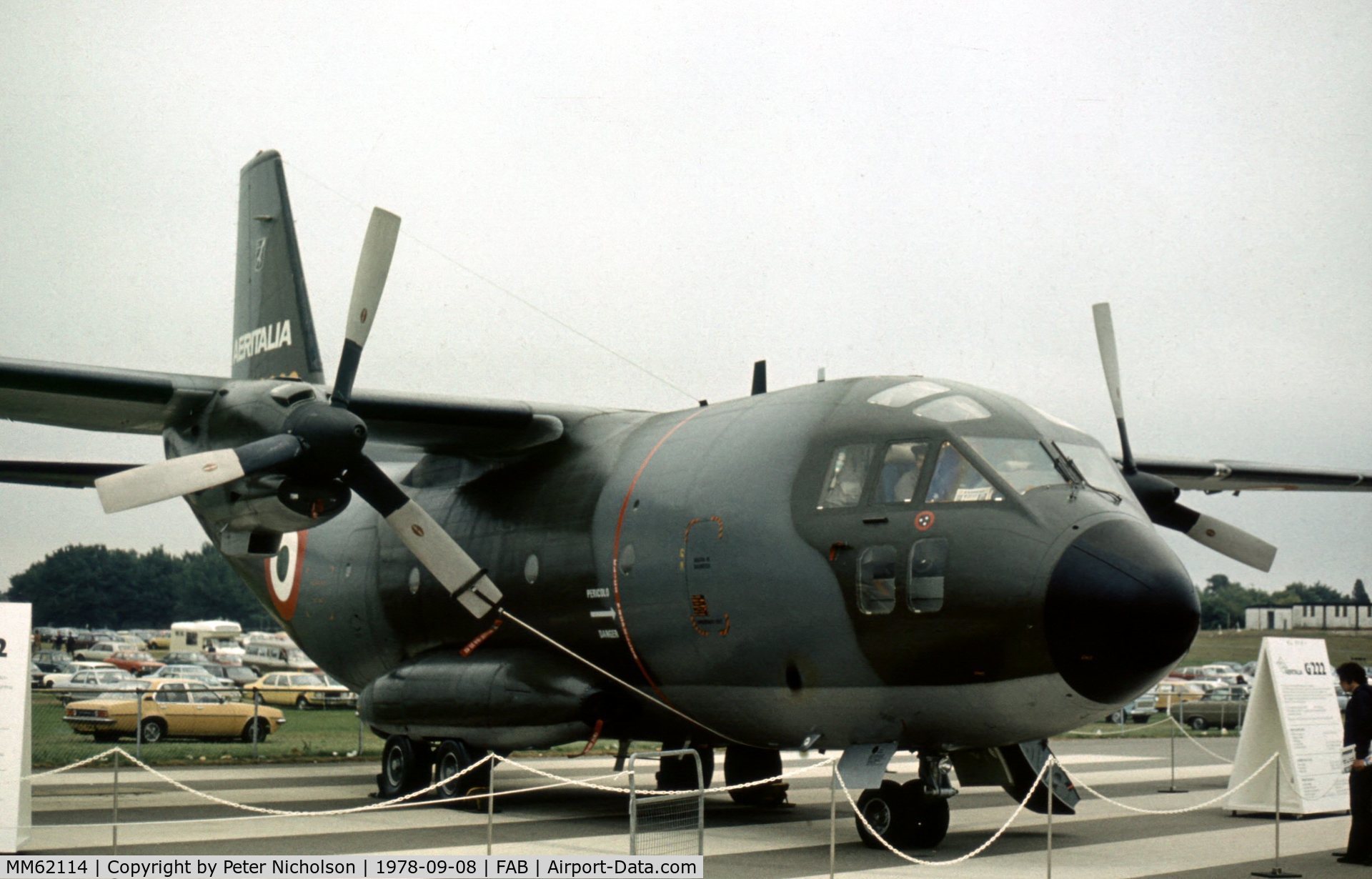 MM62114, Aeritalia G-222TCM C/N 4019, Aeritalia G.222 for the Italian Air Force was demonstrated at the 1978 Farnborough Airshow.