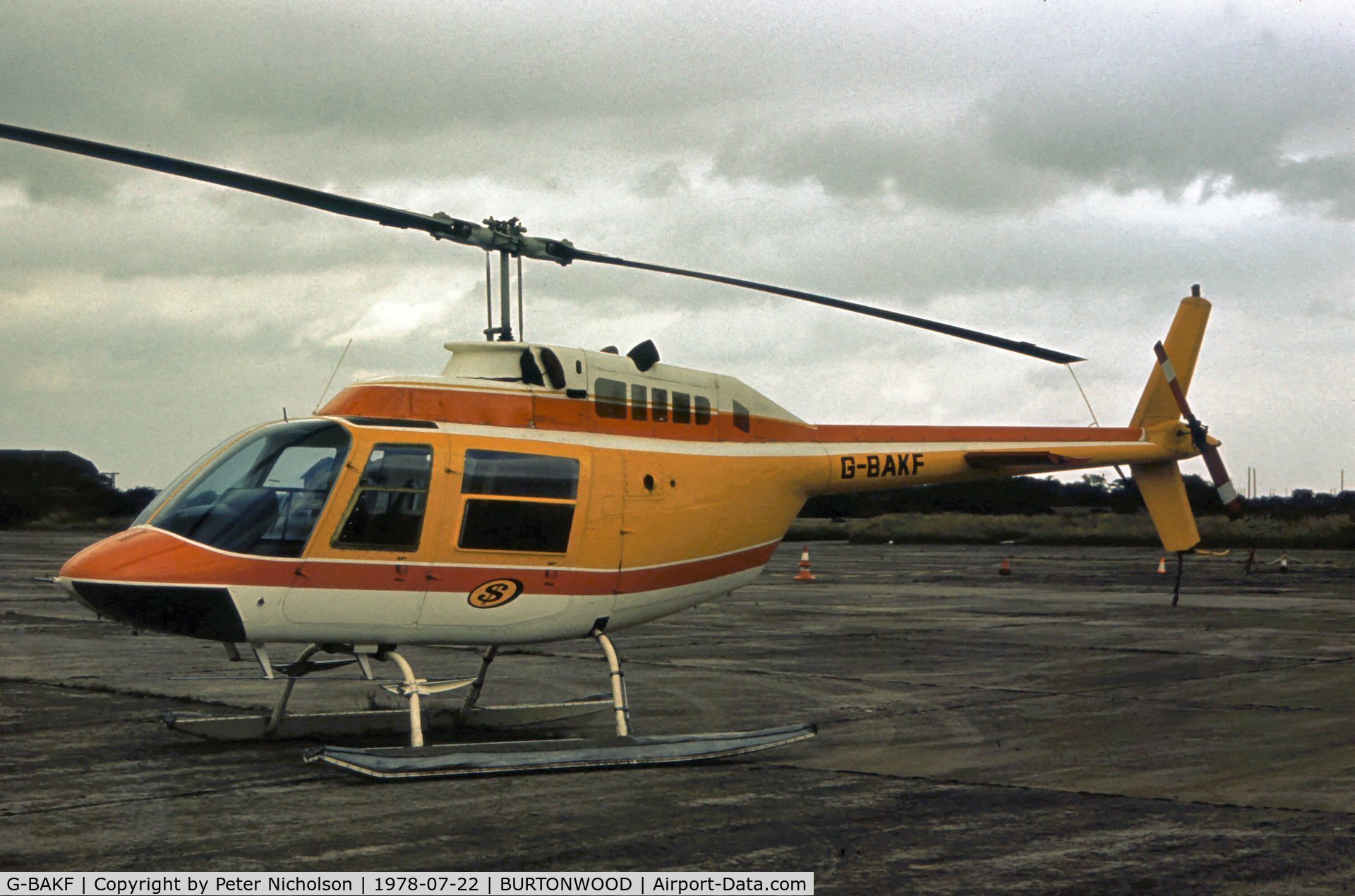 G-BAKF, 1972 Bell 206B JetRanger II C/N 854, Bell 206B JetRanger II at the former US Depot at Burtonwood in the Summer of 1978.