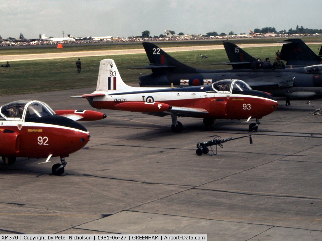 XM370, 1959 Hunting P-84 Jet Provost T.3A C/N PAC/W/6327, Jet Provost T.3A of 7 Flying Training School on display at the 1981 Intnl Air Tattoo at RAF Greenham Common.
