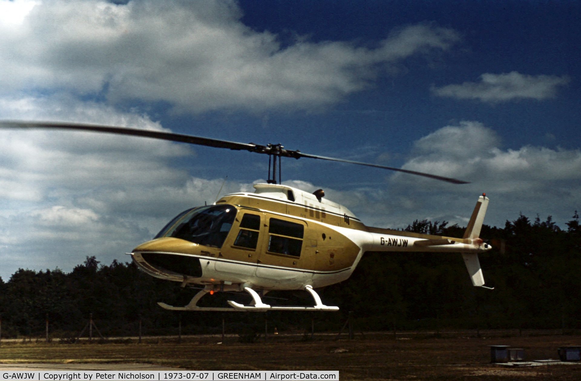 G-AWJW, 1968 Agusta AB-206B JetRanger II C/N 8052, This Agusta Bell 206B JetRanger was present at the 1973 Intnl Air Tattoo at RAF Greenham Common.