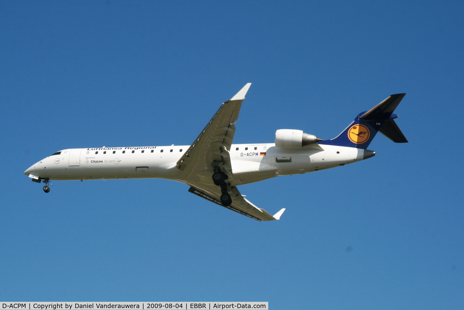 D-ACPM, 2003 Bombardier CRJ-701ER (CL-600-2C10) Regional Jet C/N 10080, flight LH4602 is descending to rwy 25R