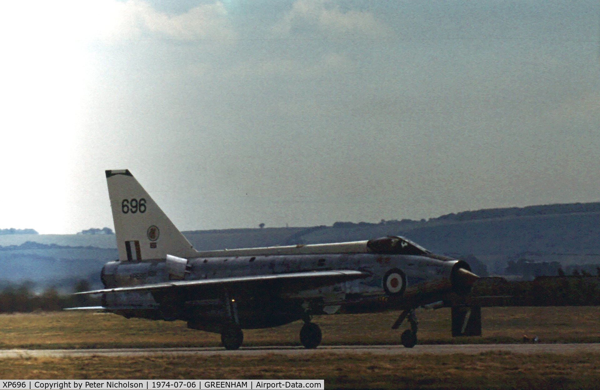 XP696, 1963 English Electric Lightning F.3 C/N 95120, Lightning F.3 of 226 Operational Conversion Unit on display at the 1974 Intnl Air Tattoo at RAF Greenham Common.