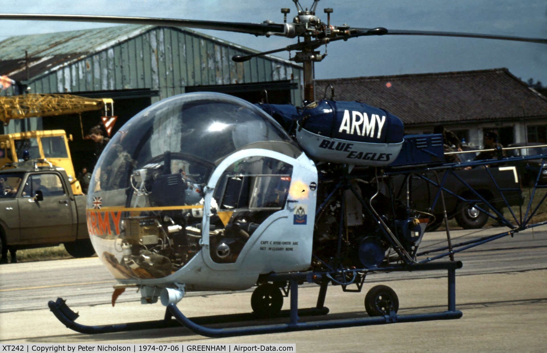 XT242, 1966 Westland Sioux AH.1 C/N WA401, Sioux AH.1 of the Blue Eagles helicopter display team at the 1974 Intnl Air Tattoo at RAF Greenham Common.