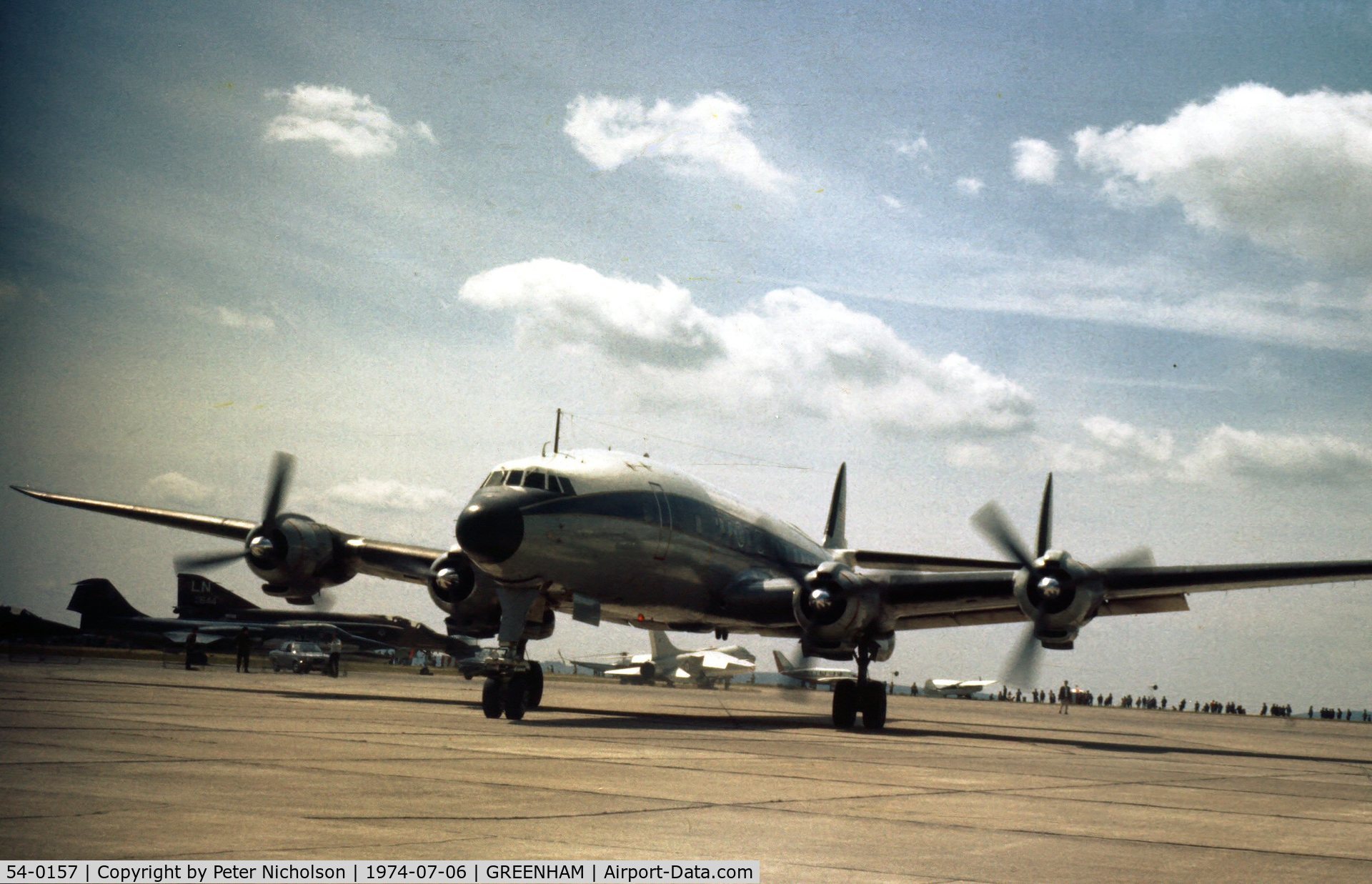54-0157, 1955 Lockheed L-1049F Super Constellation C/N 4176, C-121C Constellation of 193rd Tactical Electronic Warfare Squadron of Pennsylvanian ANG at the 1974 Intnl Air Tattoo at RAF Greenham Common.