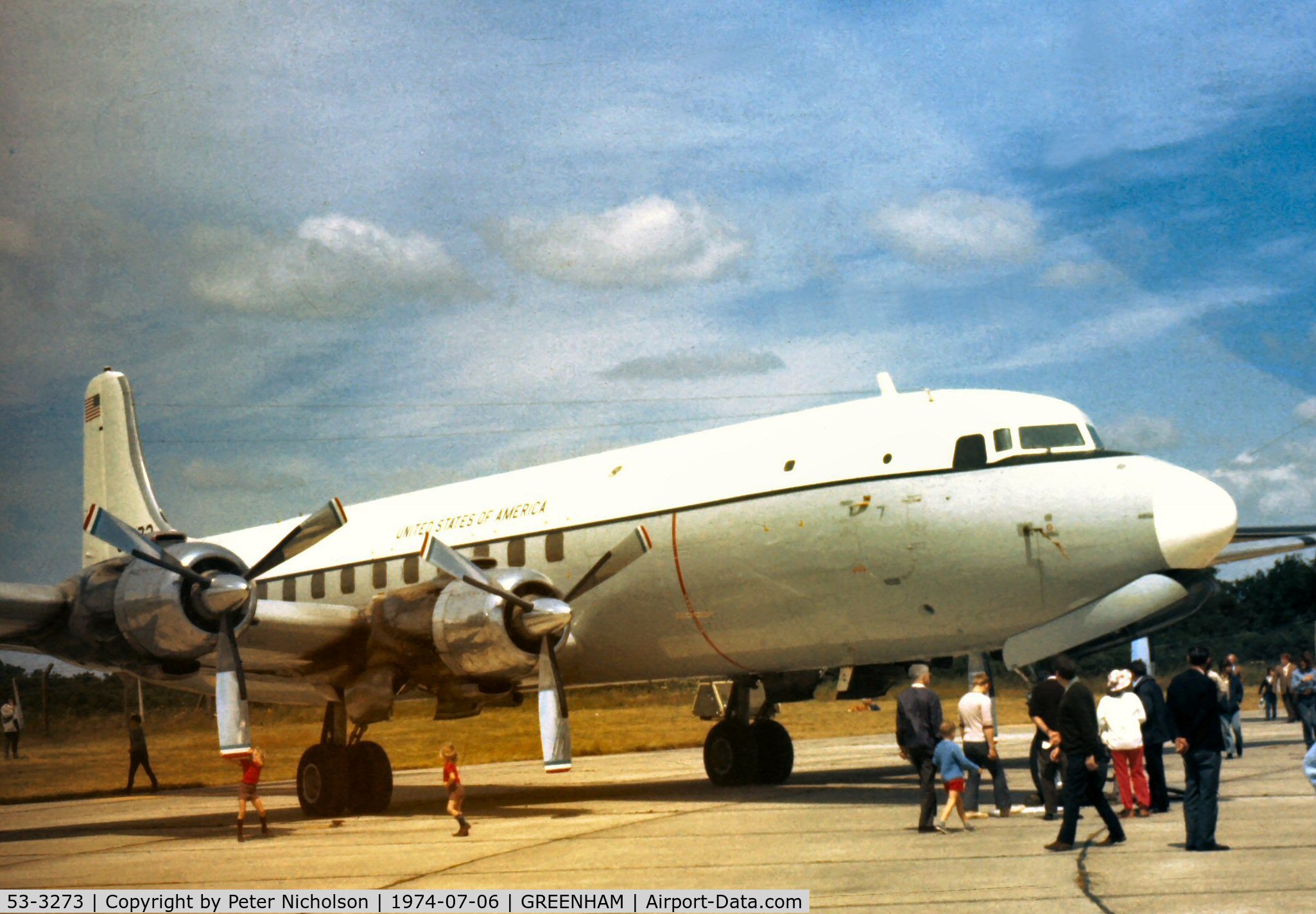 53-3273, 1953 Douglas VC-118A Liftmaster (DC-6A) C/N 44644, VC-118A Liftmaster airborne command post from the 7101st Air Base Wing on display at the 1974 Intnl Air Tattoo at RAF Greenham Common.