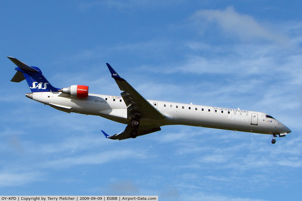 OY-KFD, 2009 Bombardier CRJ-900 (CL-600-2D24) C/N 15221, SAS CLRJ-900 arriving at Birmingham UK