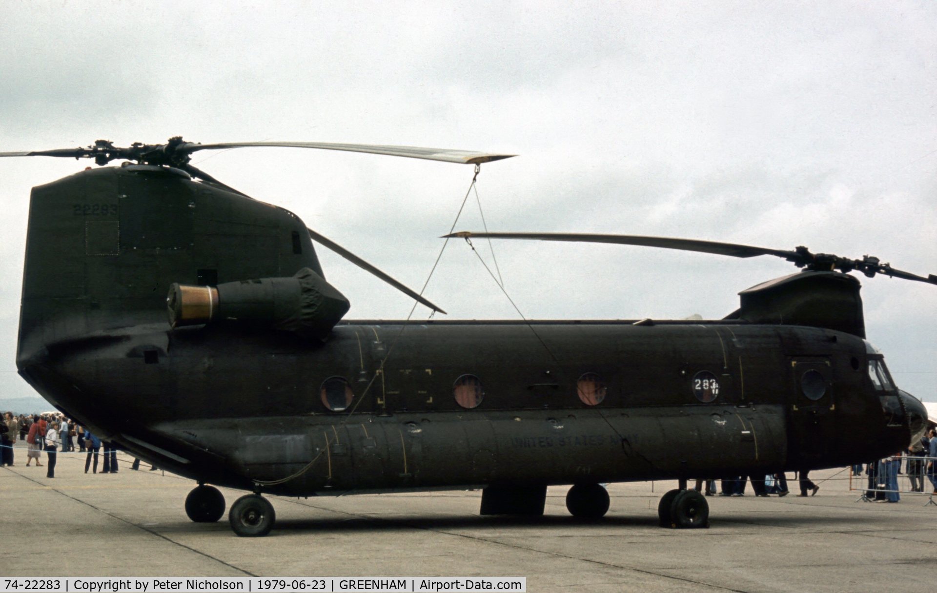 74-22283, 1974 Boeing Vertol CH-47C Chinook C/N B.702, CH-47C Chinook of the US Army's 295 Aviation Company at the 1979 Intnl Air Tattoo at RAF Greenham Common.