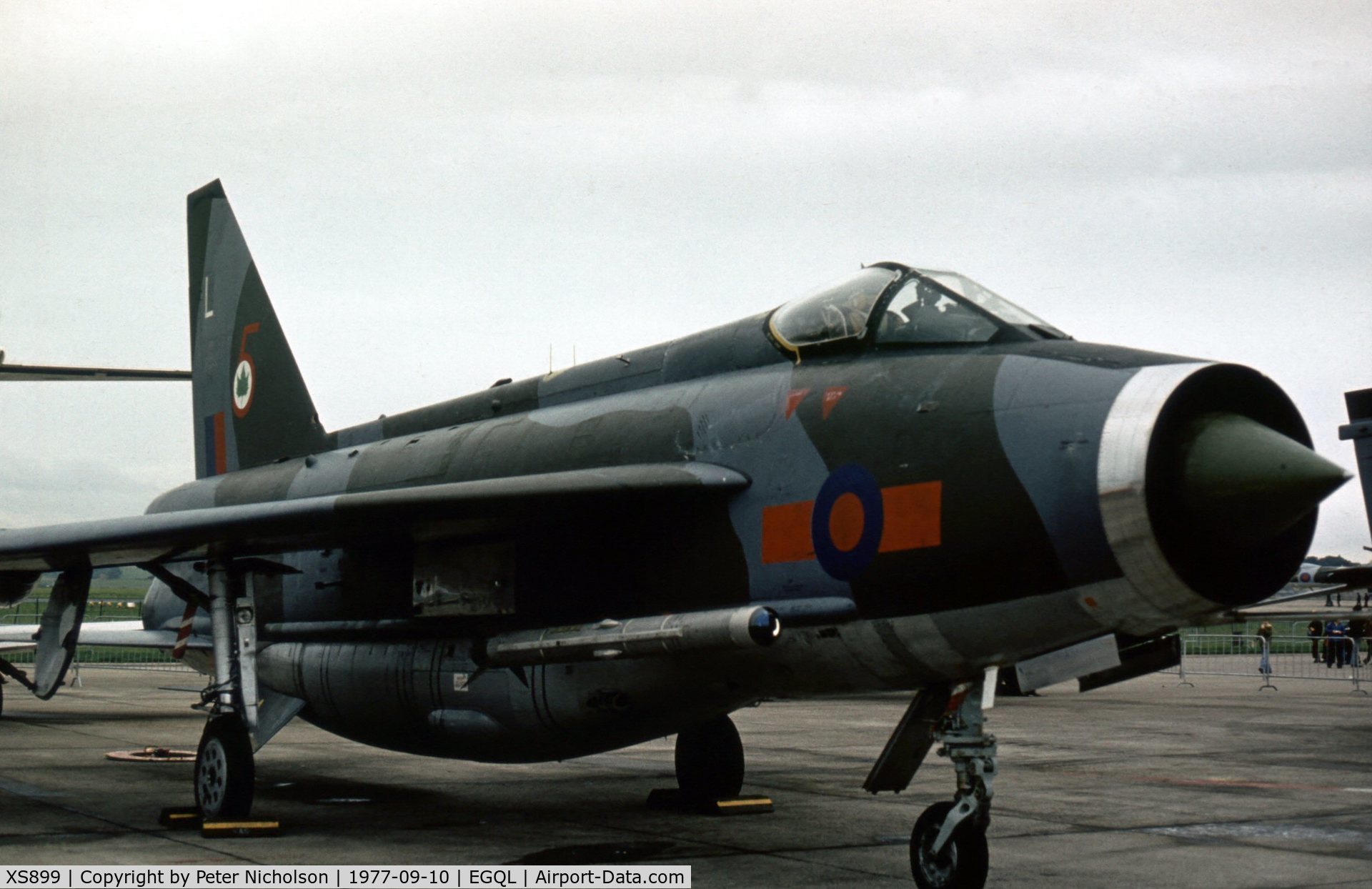 XS899, 1966 English Electric Lightning F.6 C/N 95245, Lightning F.6 of 5 Squadron in the static park of the 1977 RAF Leuchars Airshow.