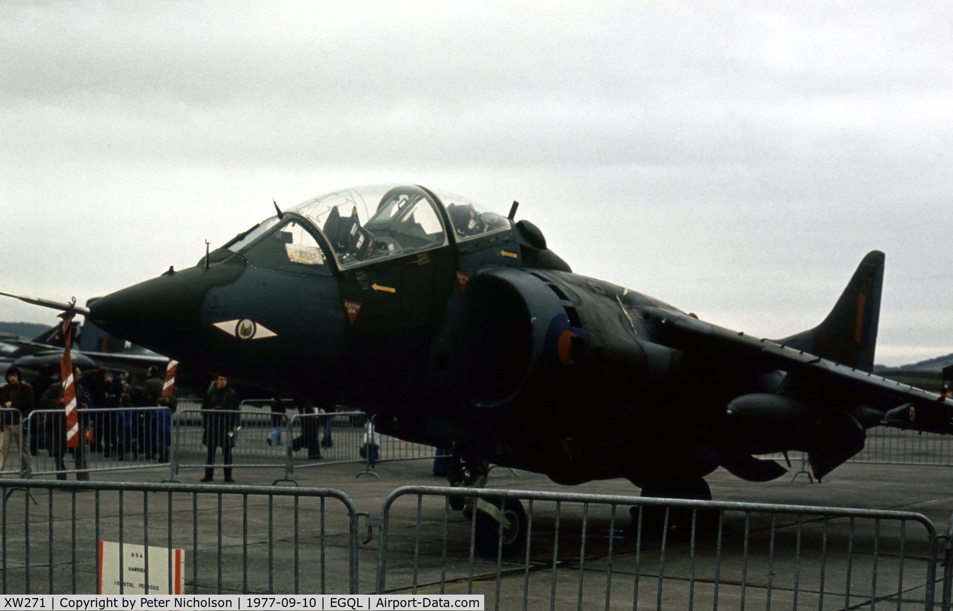 XW271, 1971 Hawker Siddeley Harrier T.4 C/N 212010, Harrier T.4 of 1 Squadron in the static park at the 1977 RAF Leuchars Airshow.