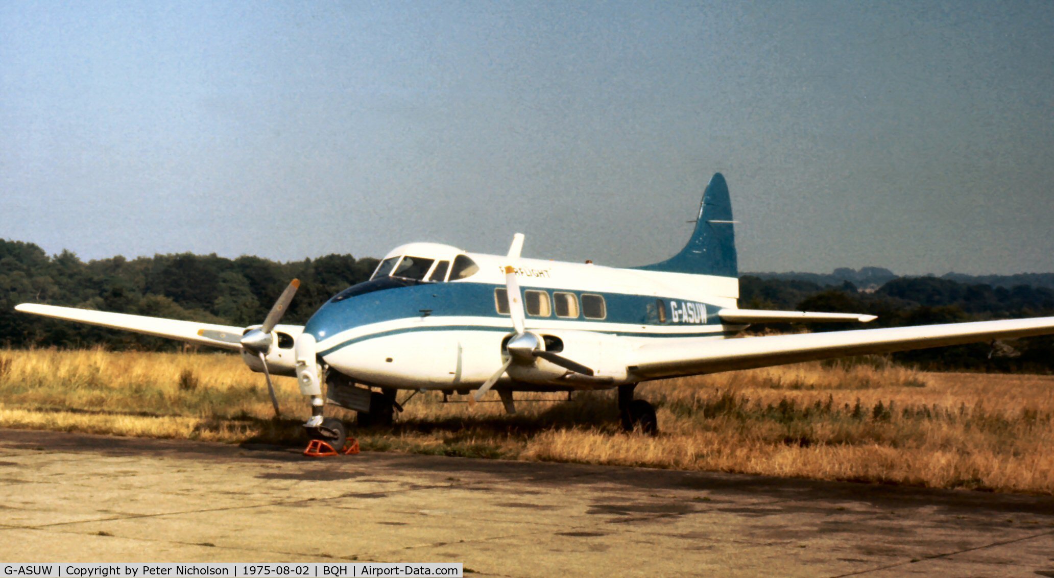 G-ASUW, 1949 De Havilland DH-104 Dove 1A C/N 04256, This Riley Dove of Fairflight Charters was seen at Biggin Hill in the Summer of 1975.