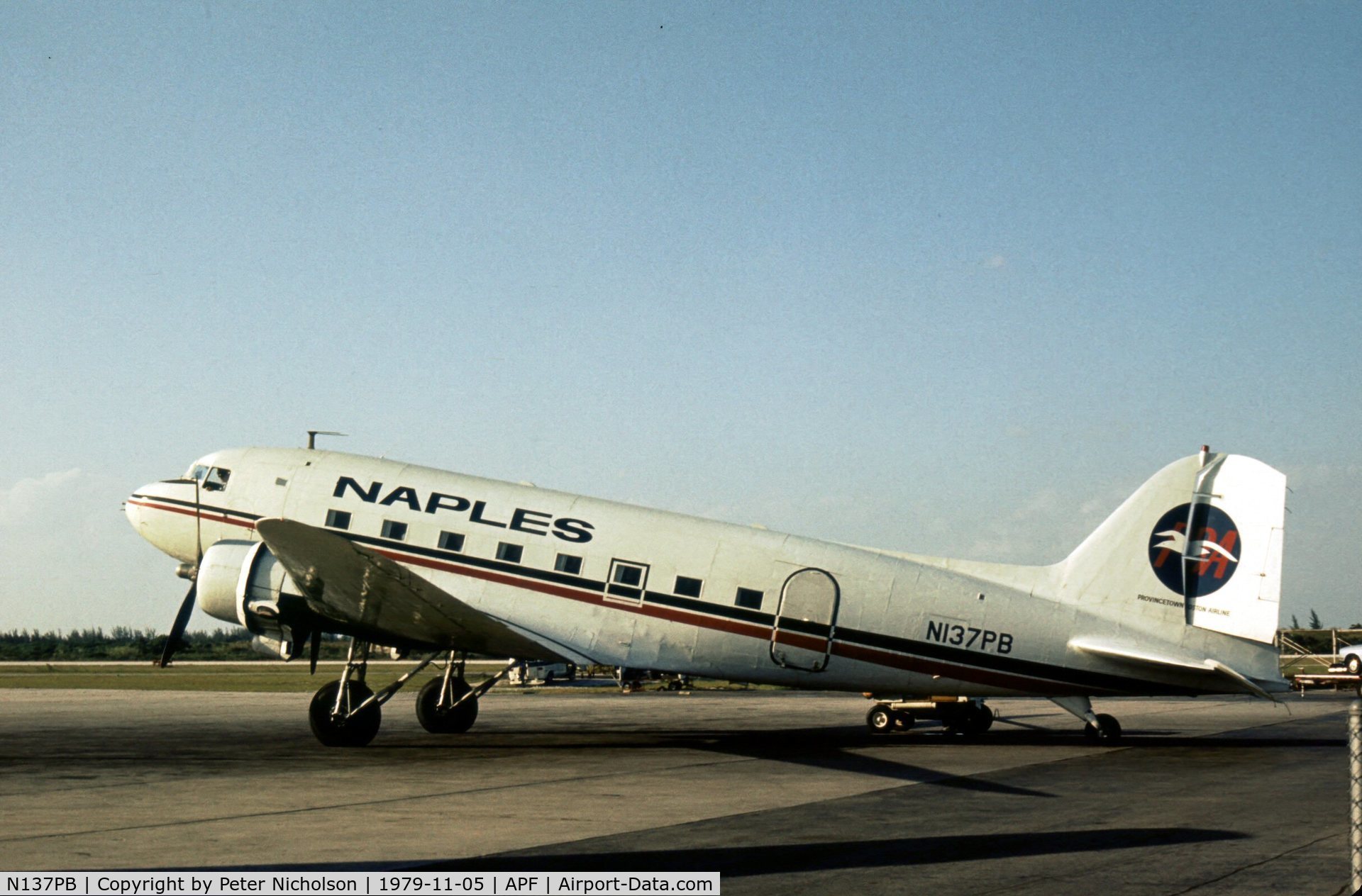 N137PB, 1941 Douglas DC-3A C/N 4128, DC-3A of Naples Airlines division of Provincetown-Boston Airlines as seen at Naples in November 1979.