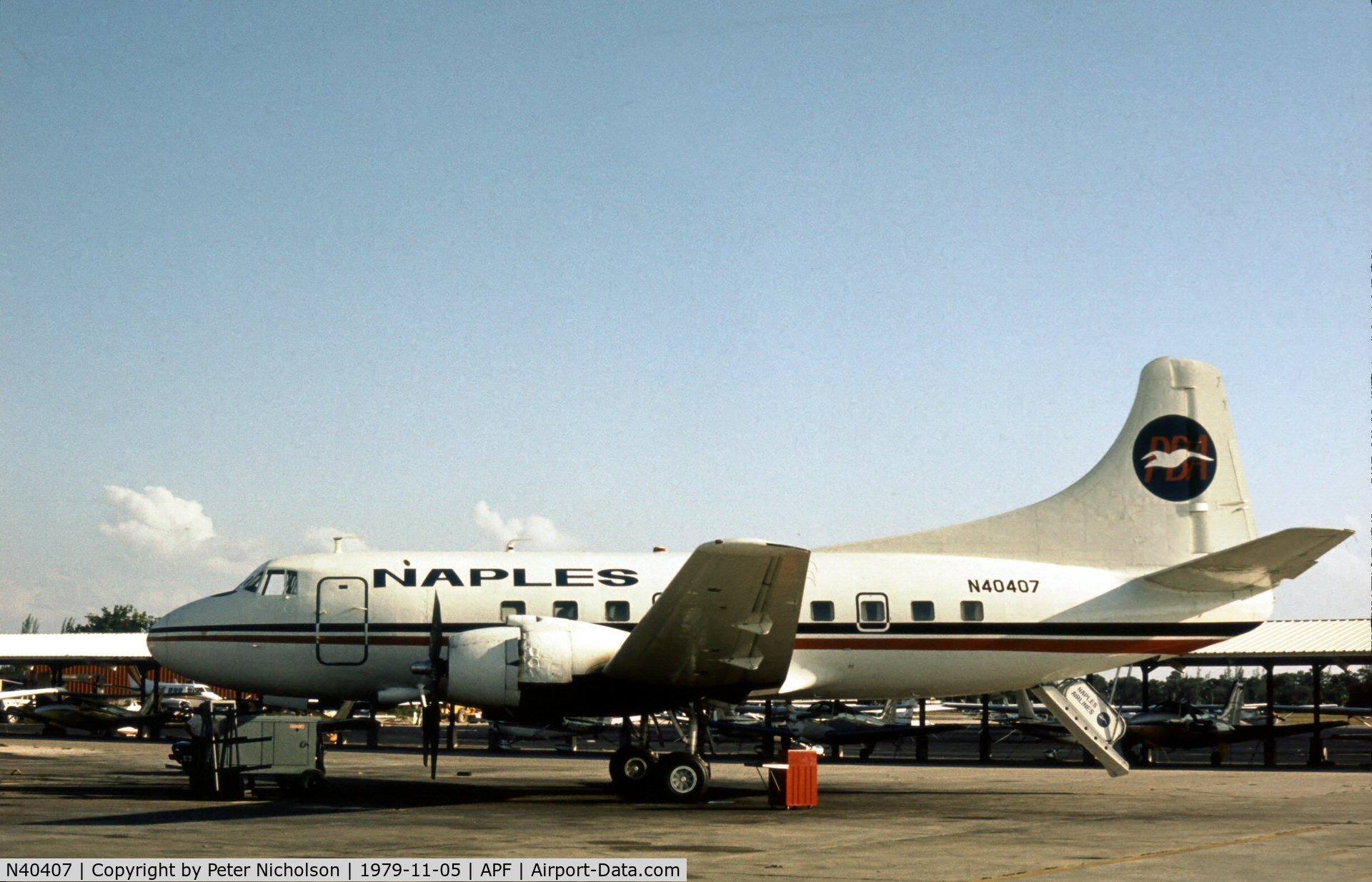 N40407, 1951 Martin 404 C/N 14107, Martin 404 of Naples Airlines division of Provincetown-Boston Airlines as seen at Naples in November 1979.
