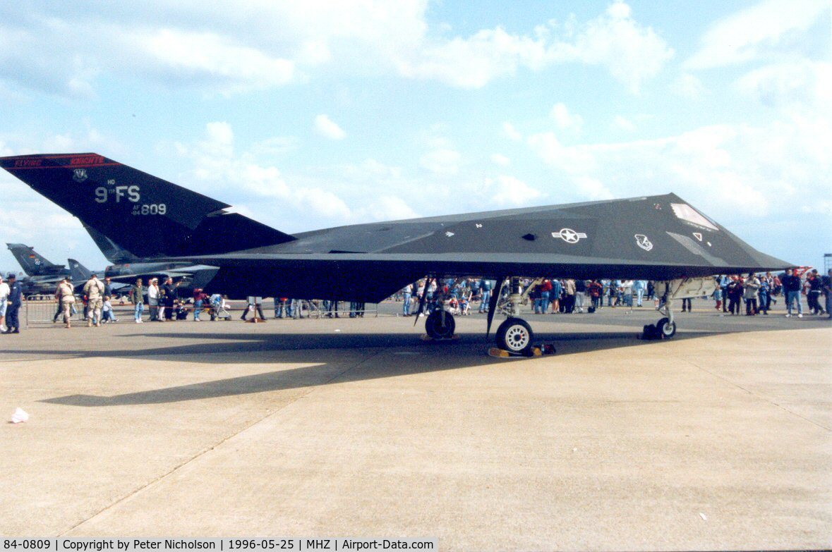 84-0809, 1983 Lockheed F-117A Nighthawk C/N A.4034, The F-117A Nighthawk of 9th Fighter Squadron/49th Fighter Wing in the static park at the 1996 Mildenhall Air Fete.