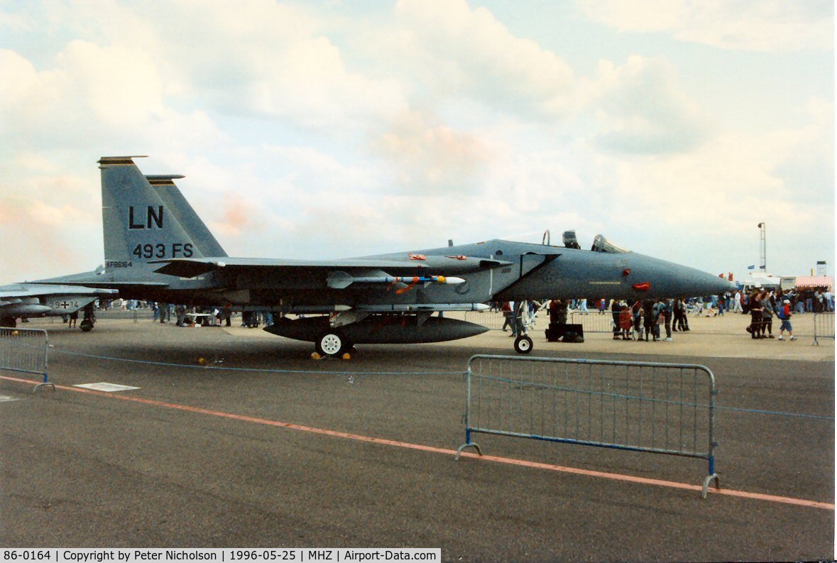 86-0164, 1986 McDonnell Douglas F-15C Eagle C/N 1011/C392, F-15C Eagle of 493rd Fighter Squadron/48th Fighter Wing, with special markings for the Squadron Commander, on display at the 1996 Mildenhall Air Fete.