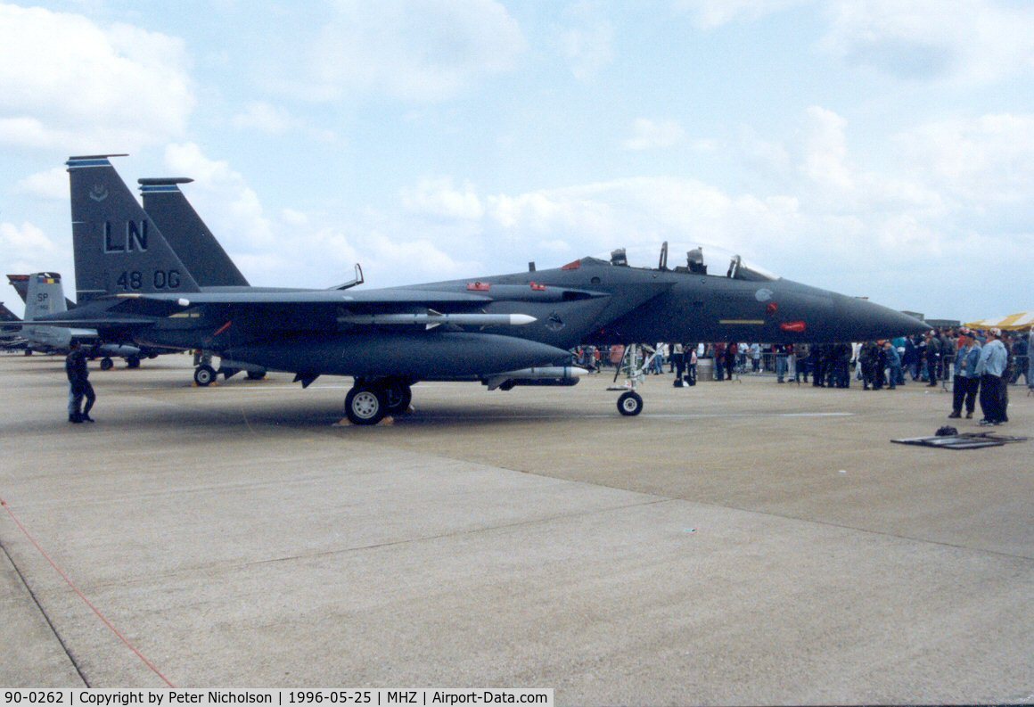 90-0262, 1990 McDonnell Douglas F-15E Strike Eagle C/N 1204/E164, F-15E Eagle of 492nd Fighter Squadron/48th Fighter Wing, with special markings for the Operations Group Commander, on display at the 1996 Mildenhall Air Fete.
